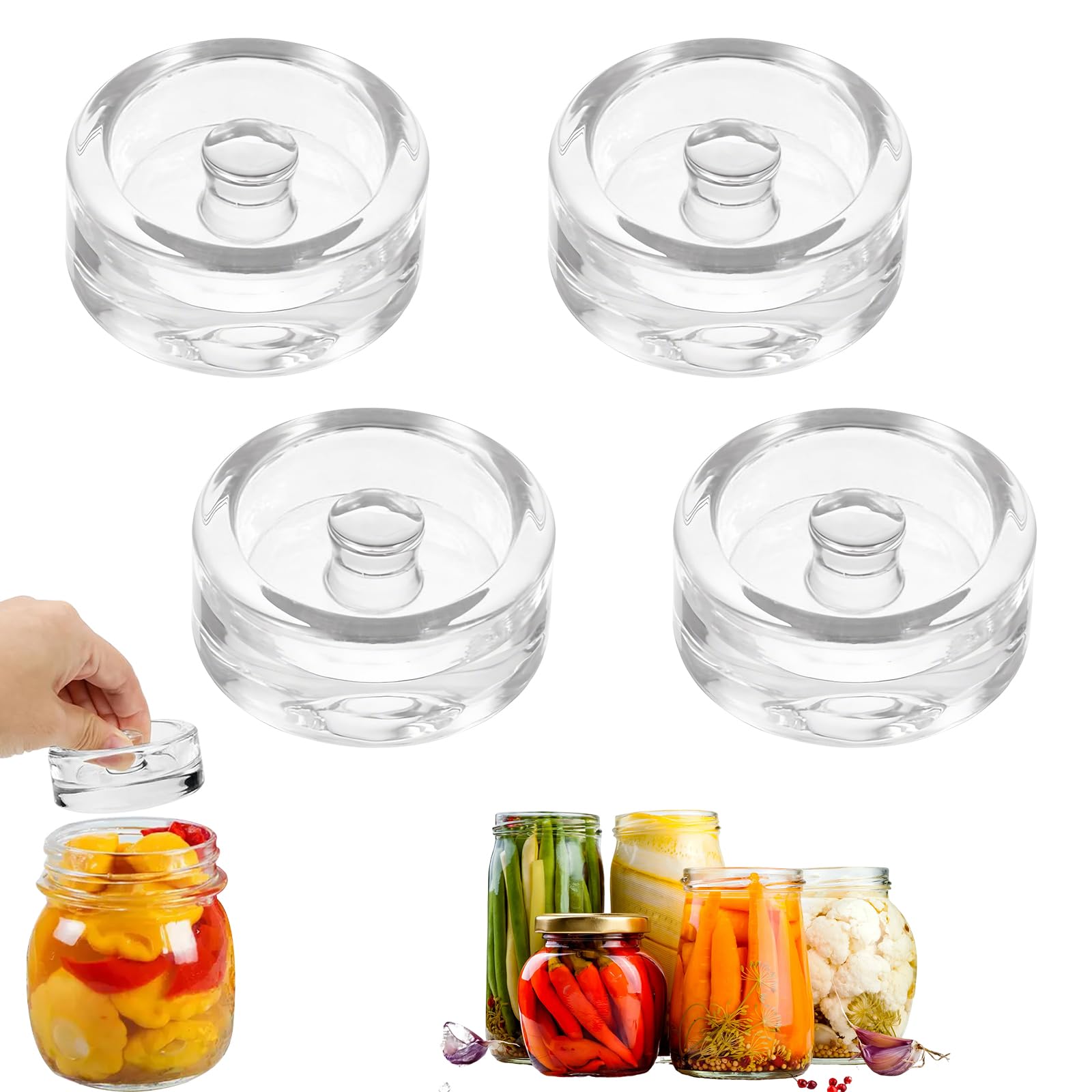Pesos de Fermentación de Vidrio 7cm, Juego de 4 Piezas con Mangos Ranurados para Chucrut, Kimchi, Encurtidos