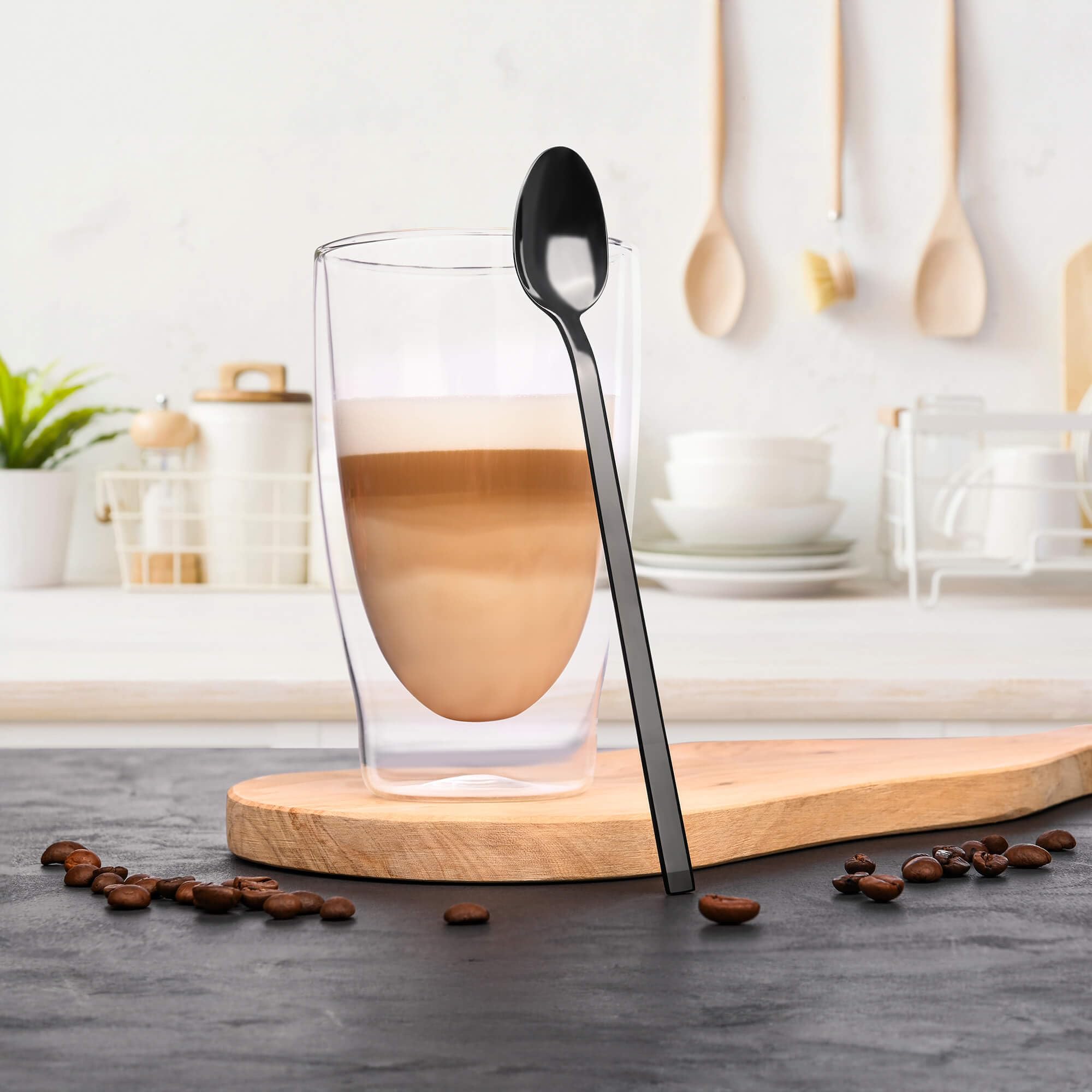 GRÄWE Latte Macchiato Löffel Set, Schwarz, 6-teilig, 19 cm, Lange Löffel, Cocktaillöffel, Dessertlöffel, Eislöffel, Löffel für Eiskaffee, Edelstahl, spülmaschinengeeignet, Serie Lissabon