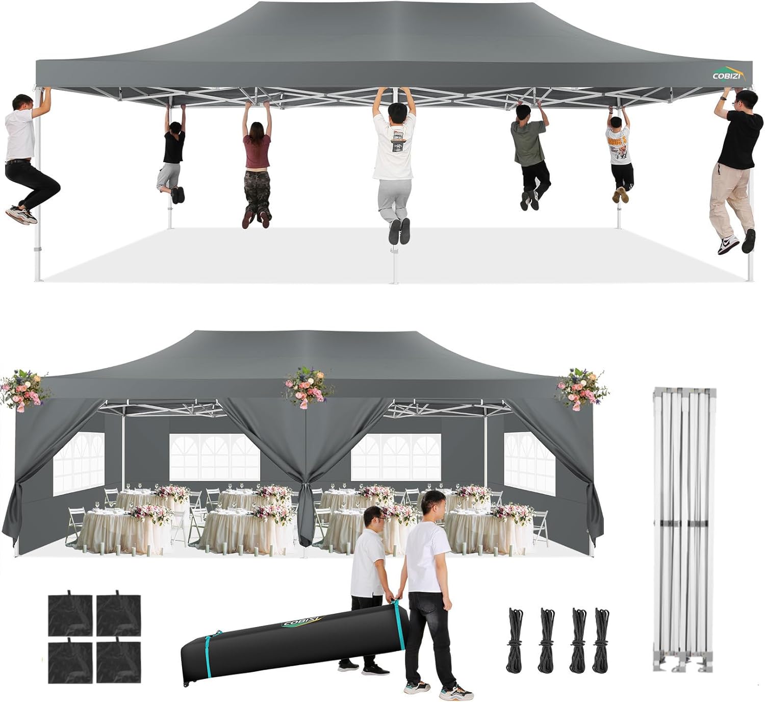 COBIZI 13x26 Pop Up Tent 13x26 Canopy with Sidewalls Heavy Duty Canopy Party Tent for Parties, Outdoor Wedding Large Event Tent Wind Waterproof UPF 50+ Ez Up in Garden Lawn with Roller Bag, Gray