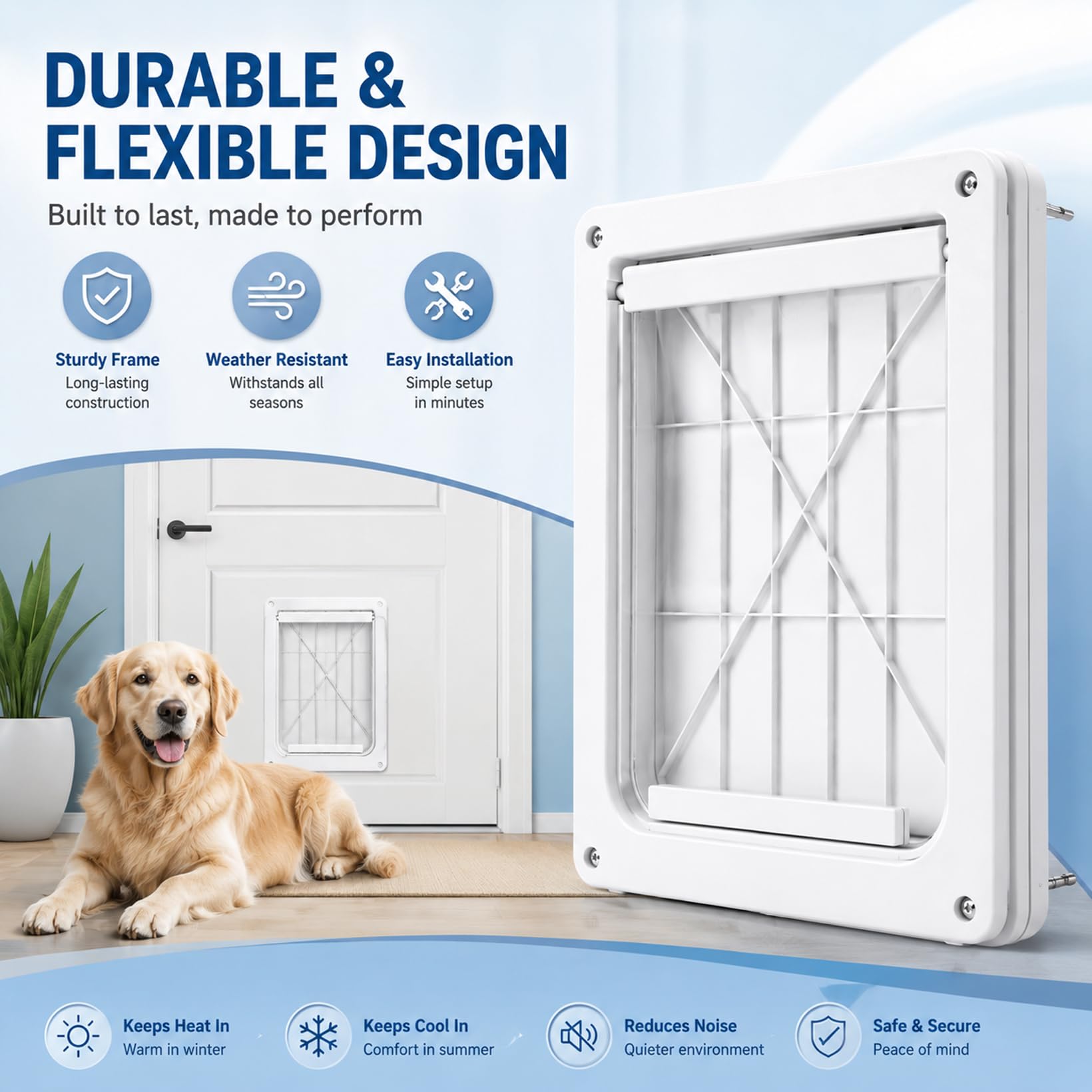 Puerta para Mascotas, 30x37cm, plástico Blanco, para Perros y Gatos Grandes | Instalación fácil; para puertas interiores y exteriores.