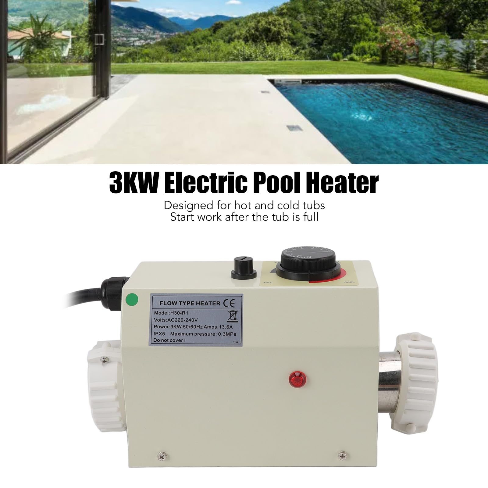 Qcwwy Elektryczny Podgrzewacz Wody o Mocy 3 KW Grzejnik Termostatyczny do Wanny z Hydromasażem z konstrukcją ze Stali Nierdzewnej Funkcja Stałej Temperatury Łatwa Instalacja do Wanny z Hydromasażem w
