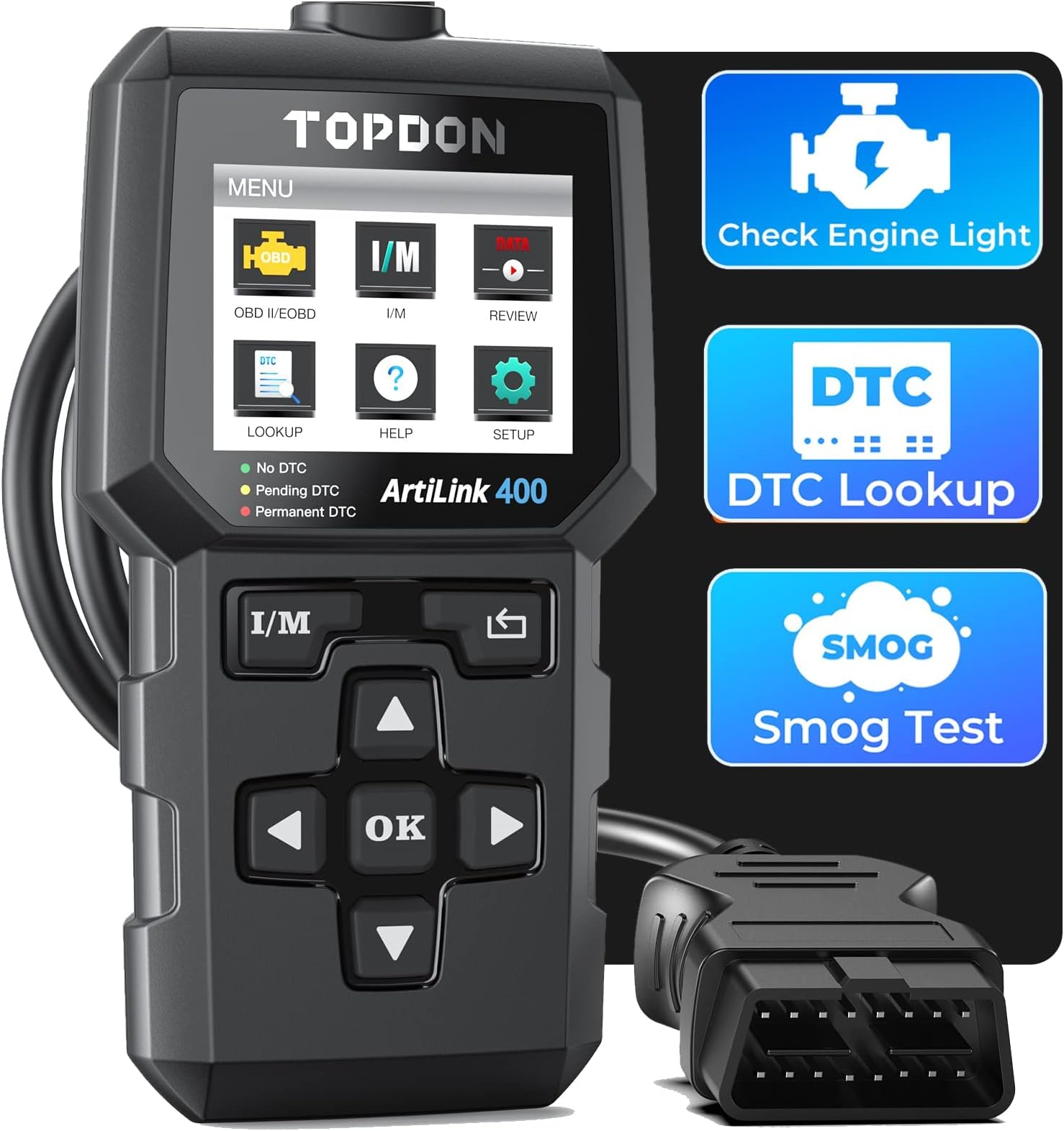 AL400-A OBD2 Code Reader, 10 OBD2 Functions, Check Engine Light/Smog Emission Test / O2 Sensor Test/EVAP, Free Lifetime Update