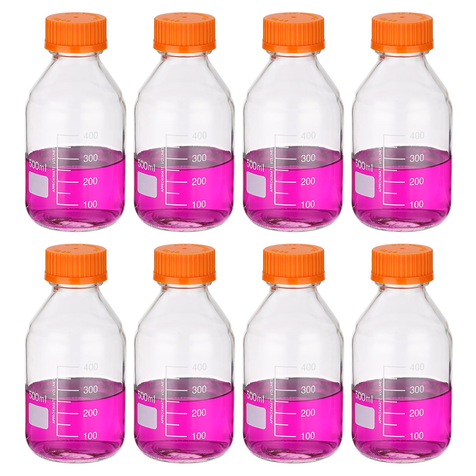 PATIKIL 8er Pack Reagenzgläser Aufbewahrungsflaschen 500ml Borosilikatglas Graduierte Runde Flaschen Mit Orangefarbenem GL32 Schraubverschluss Für Labor Wasser Reagenzien Flüssigkeiten