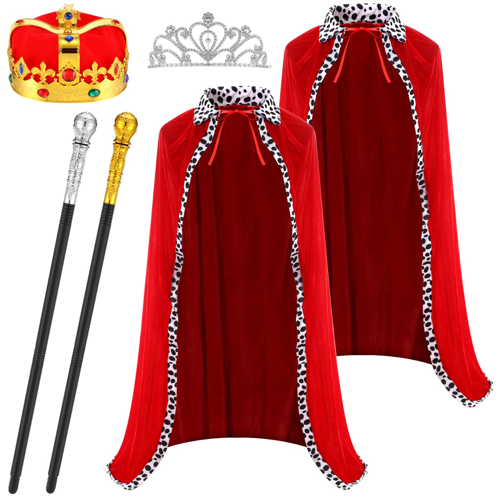 Tisancy6 Pcs Lord Queen Costume Set Red Emperor and Queen Cape Robe Crown Scepter Medieval Adult Cosplay Costume Set