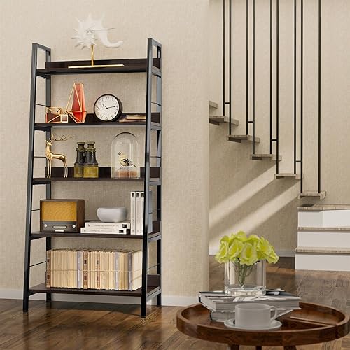 Miniatura 2 de Himimi Estantería de escalera industrial, estantería rústica de 5 niveles, estantería de escalera de metal de madera, soporte de flores para