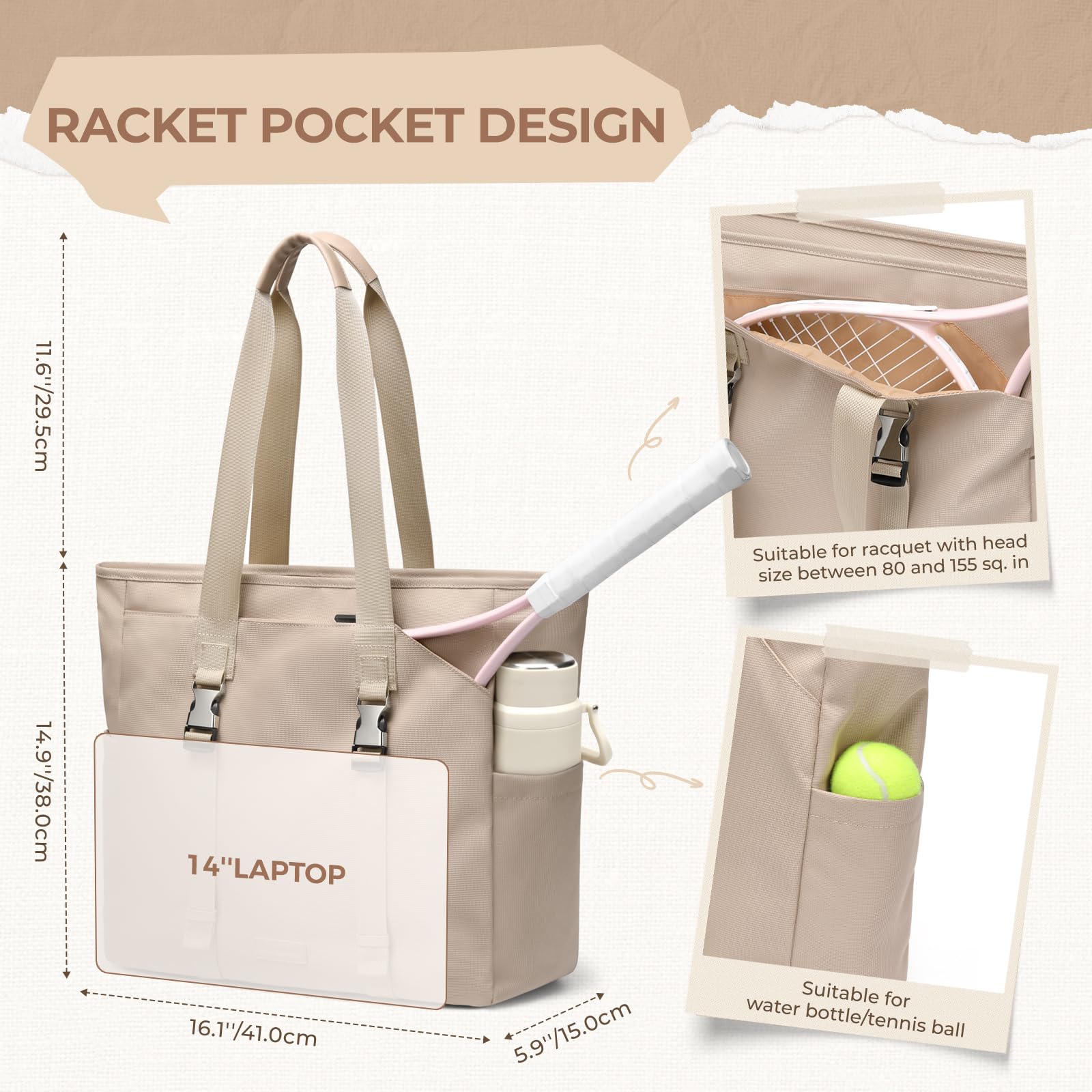 Bolsa de Tenis para Mujer, Bolsa de Transporte con Bolsillo Húmedo, Bolso de Mano para Esterilla de Yoga, Bolsa Tote Multifuncional de 14 Pulgadas, para Viajes, Fitness, Yoga, Tenis y Oficina