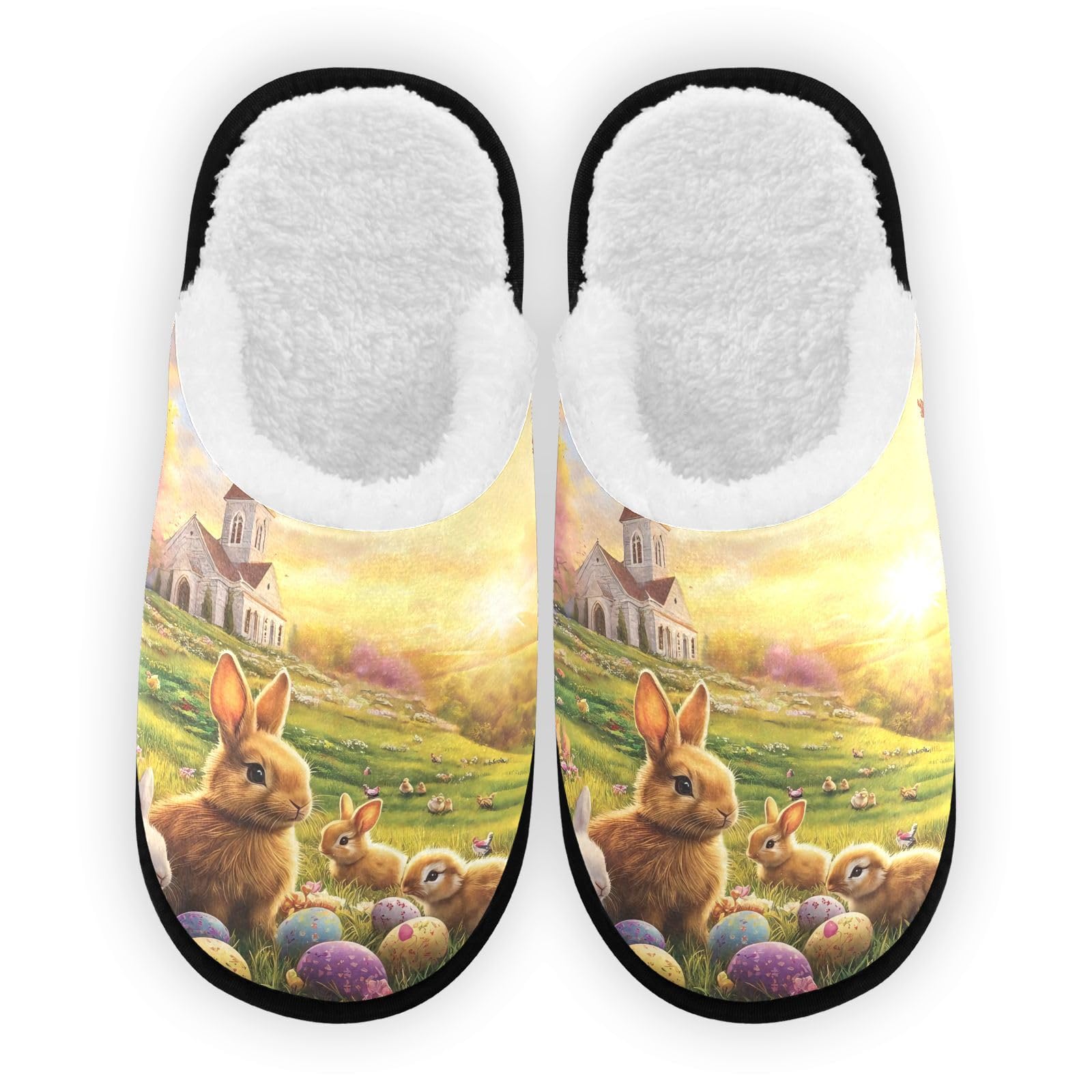 SPRIPORT Easter Sunset Rabbits Eggs Green Soft Fabric Spa Slippers for Women Men Washable Reusable Guest House Slippers with Non Slip Soles Indoor Slippers for Bedroom Party Hotel Travel Indoor L