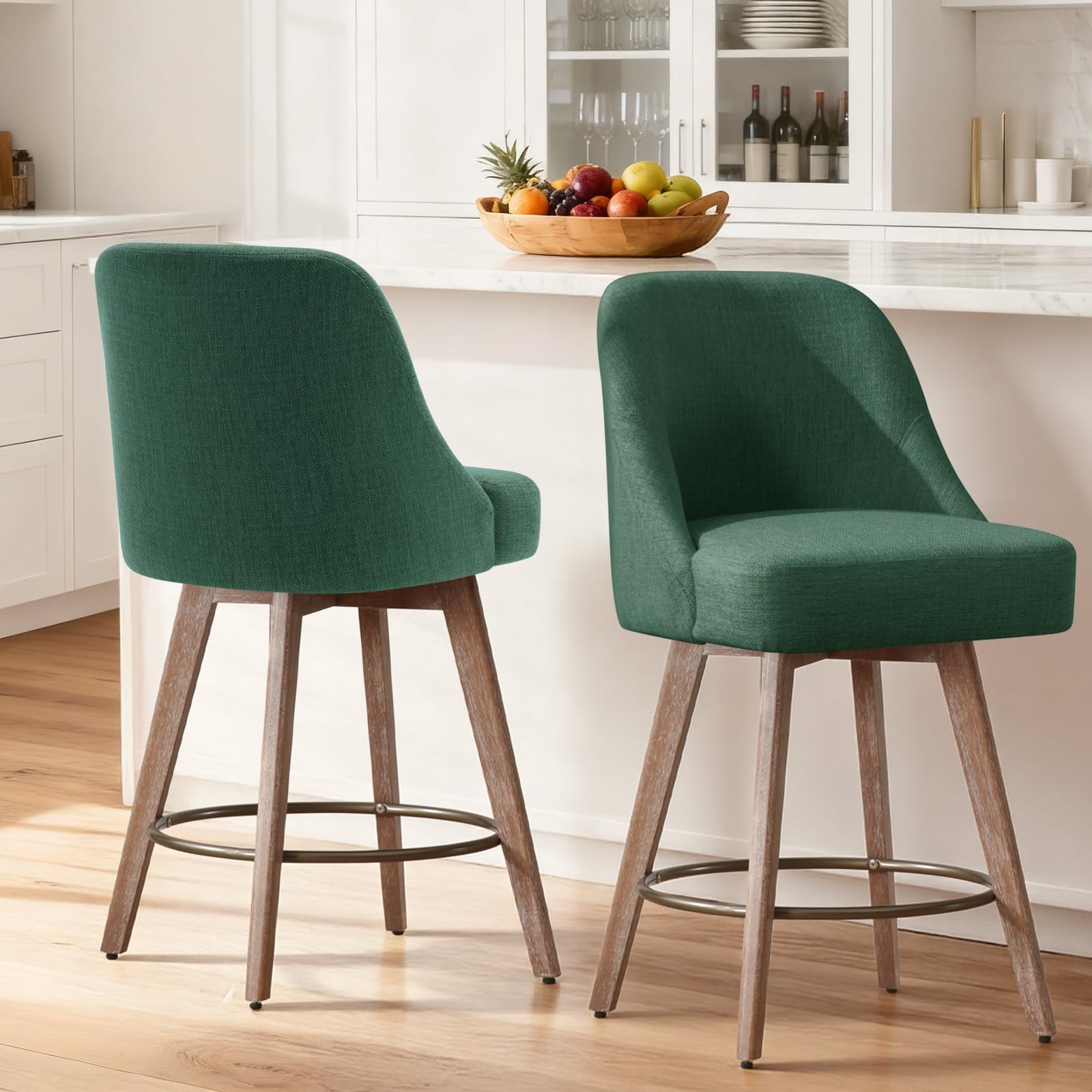 WOOW DEPOT Swivel Bar Stools Set of 2, Linen Fabric Upholstered Barstools with Backs and Wood Legs, Modern Mid-century Chairs 65CM Seat Height Kitchen Counter Stools (Linen Green)