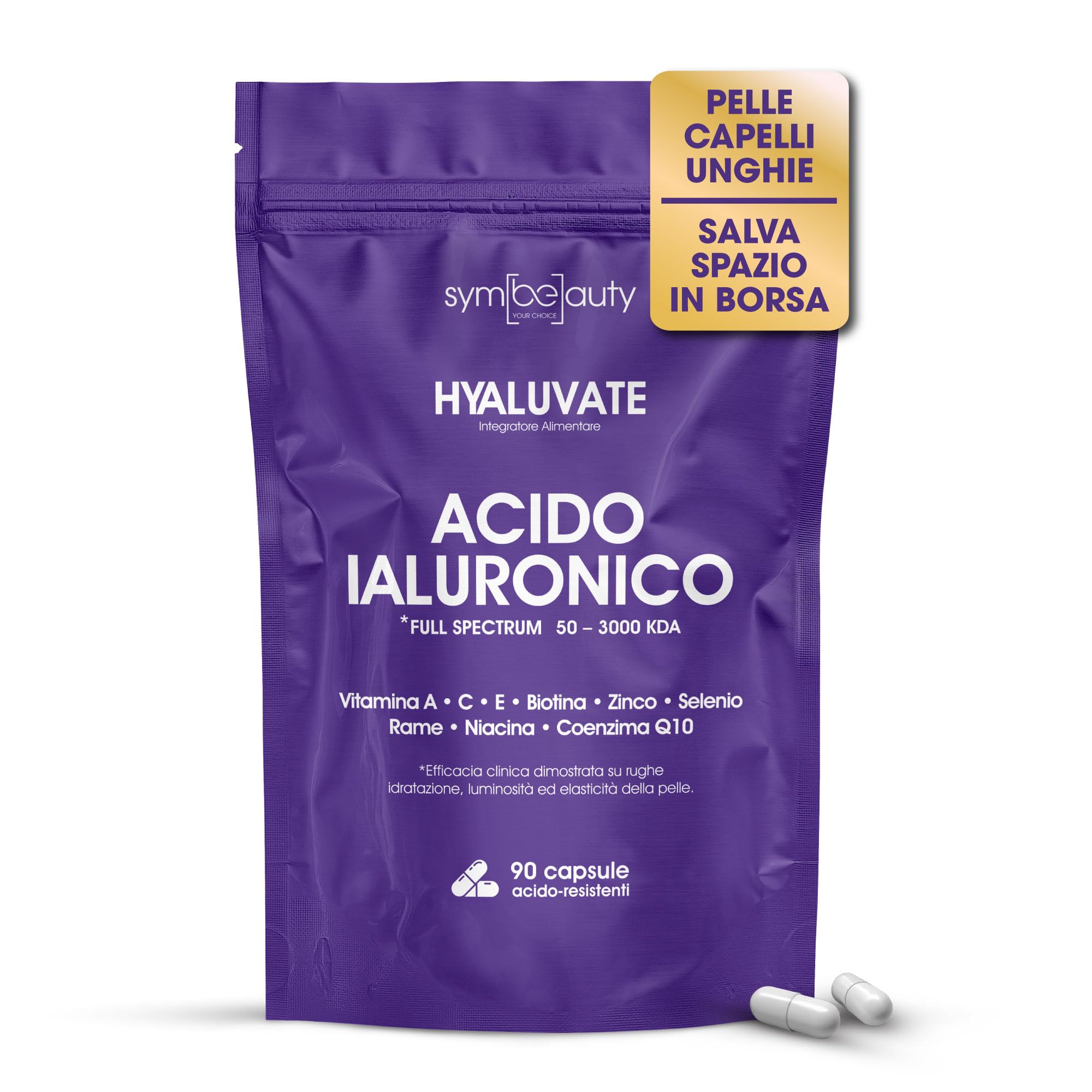 HYALUVATE Integratore Capelli Donna con ACIDO IALURONICO PURO + BIOTINA [3 MESI] - Vitamine per Capelli, Pelle e Unghie | Zinco e Vitamina C, Vegan, 90 Capsule Acidoresistenti - STUDI CLINICI