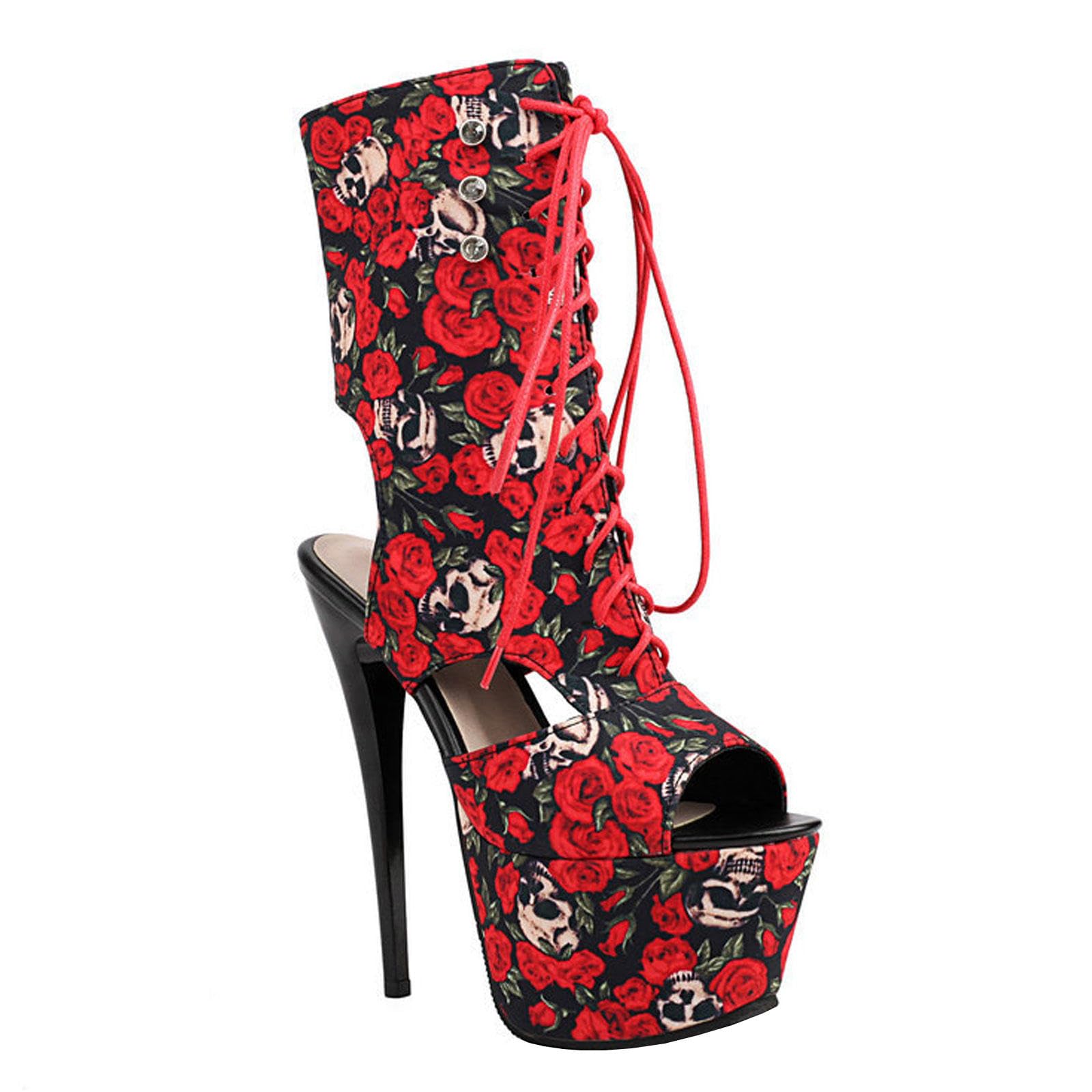 High Heels Frauen Offene Zehe Plattform Sandalen Stiefel Print Slingback Stiletto Pumps Prom Party Kleid Tanzschuhe 16cm,Red-42