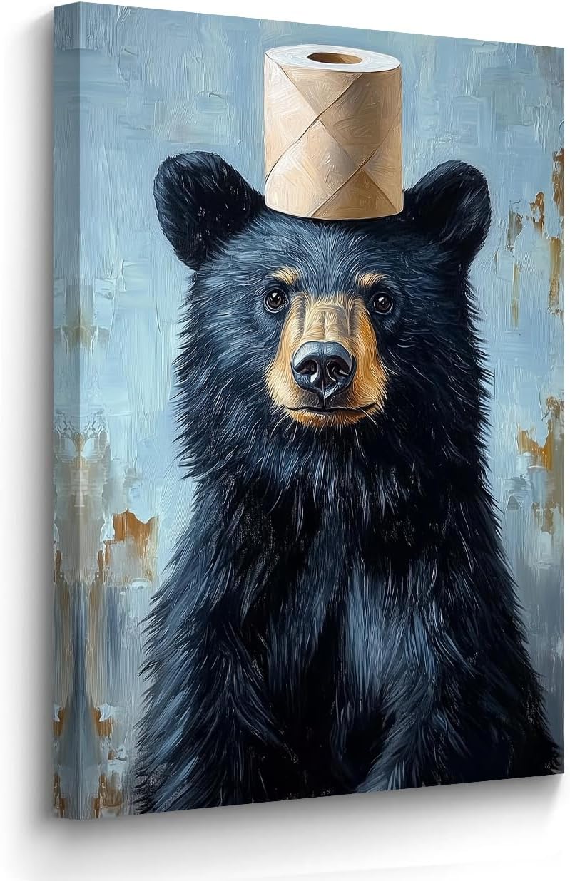 BJYCHG Funny Bear Wall Art Bathroom Decor Black Bear with Toilet Paper On Head Canvas Painting Cute Animals on Toilet Picture Prints for Restroom Framed (Teal, 20L x 16W)