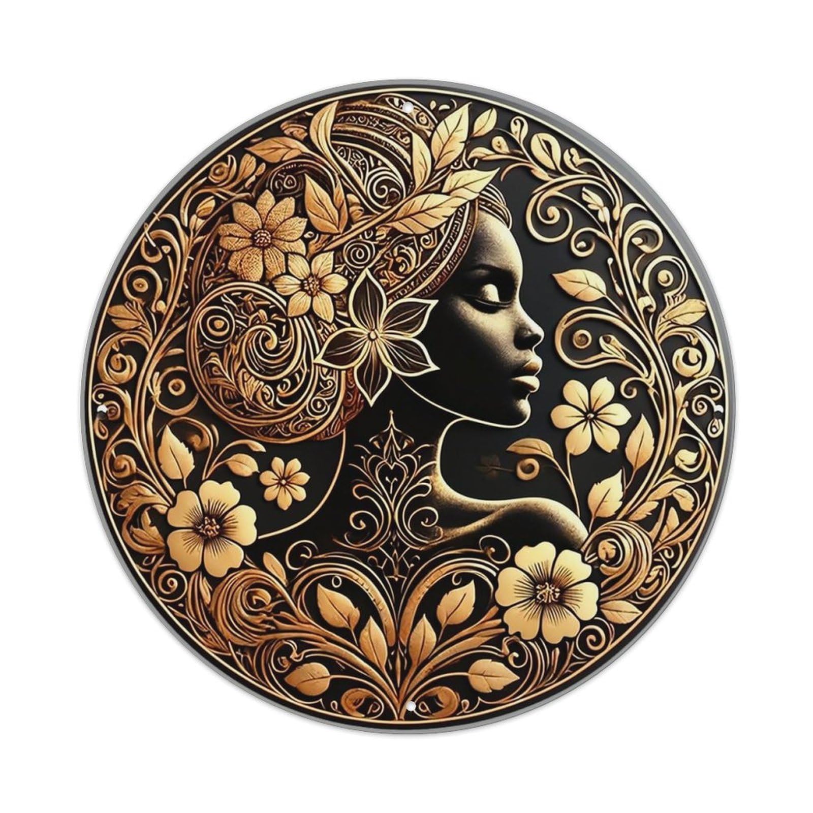 Golden Floral Artistic Portrait Design Vintage Round Tin Sign Retro Metal Wall Decor Metal Poster, Home Bar Garage Cafe Wall Art Decoration 8x8Inches