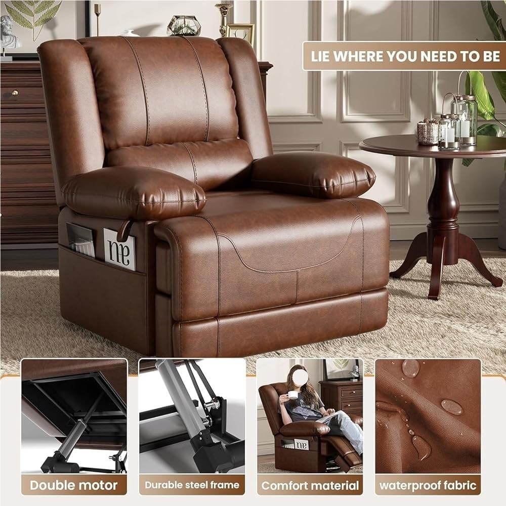 Lay Flat Power Lift Recliner Chair with Heat Therapy Massage Function for Elderly Seniors Wide Seat Leather Electric Reclining Sofa with Side Pocket for Living Room