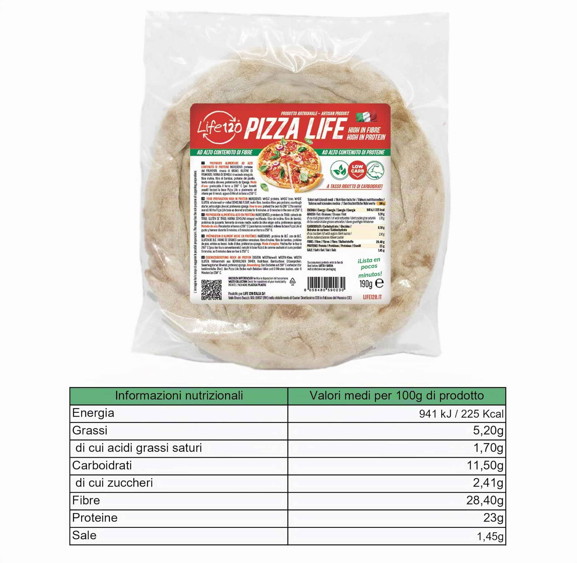 Life 120 - Box Pizza - Pizza Proteica Keto de Bajo Contenido en Carbohidratos, Rica en Fibra y Alto Contenido de Proteínas - 190g - Caja de 6