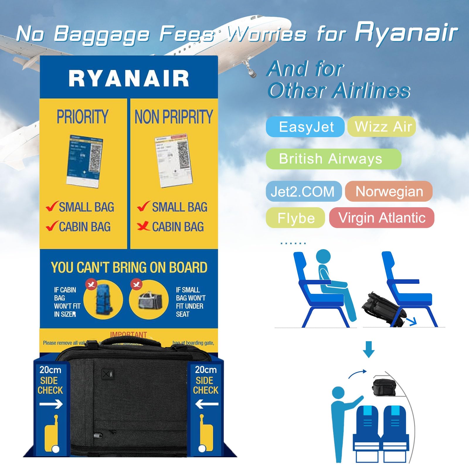 Vinstatin Ryanair - Zaino da viaggio da donna, 40 x 20 x 25,14 pollici, 20 l, impermeabile, con 4 tasche per vestiti, per vacanze, affari, escursioni, weekend, grigio scuro, 40x20x25(CM)