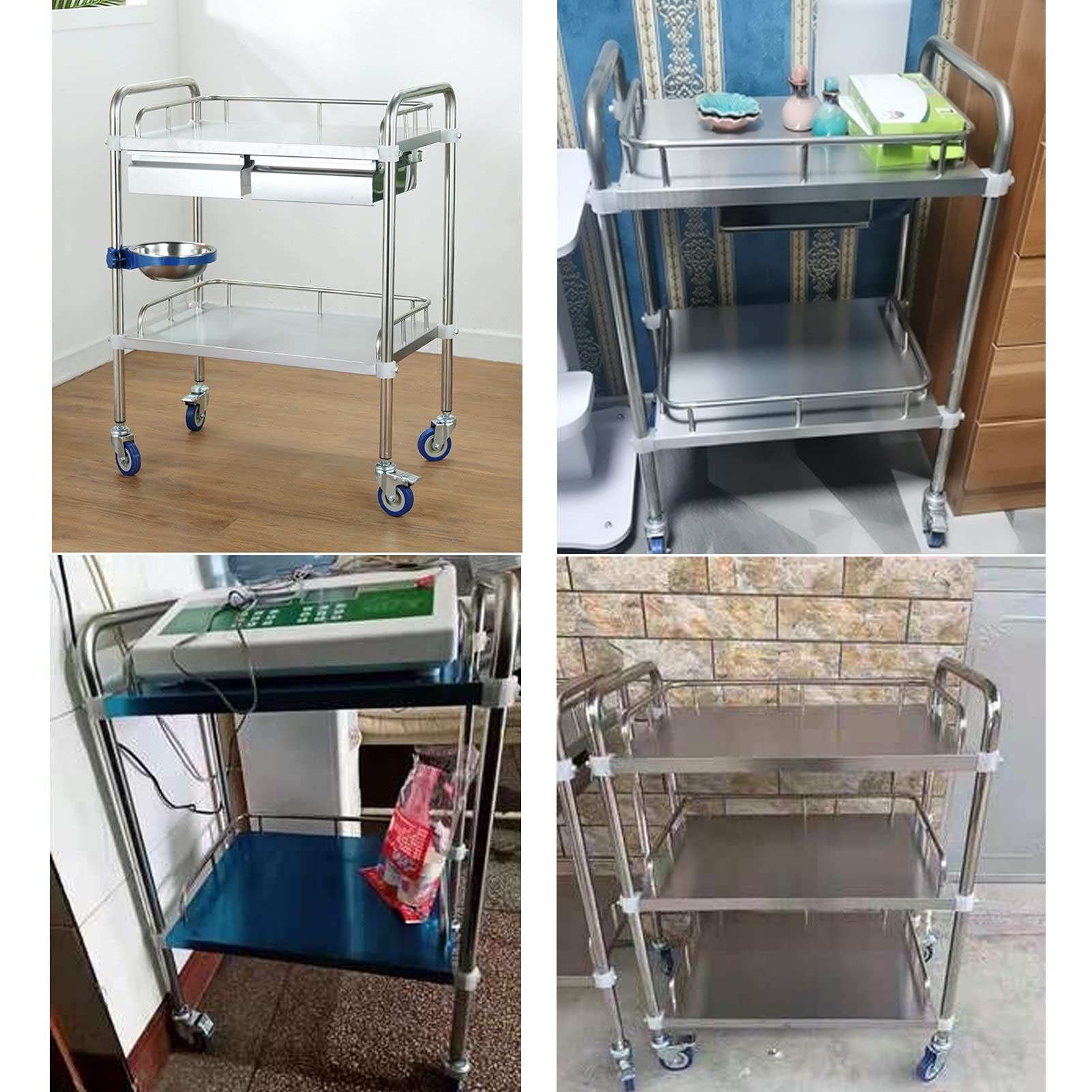Carrito rodante de acero inoxidable resistente con ruedas de bloqueo para almacenamiento y transporte de catering, 2 niveles, 66 x 44 x 86 cm
