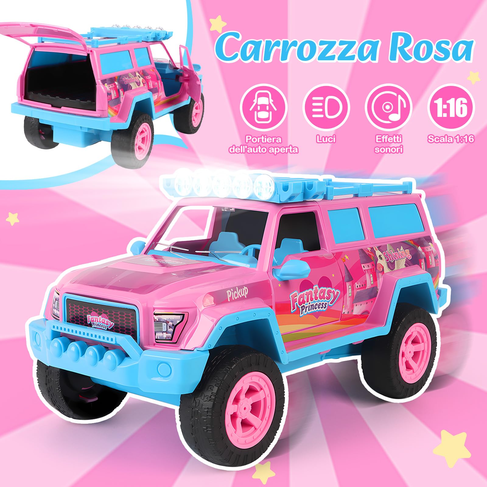 Charmofun Giocattolo Rimorchio per Cavalli, Trasportatore di Cavalli con Suoni e Luci (incl. Auto, Personaggio, 2 Unicorni, 8 Accessori), Giocattolo per Cavalli per Bambini dai 3 Anni in Su