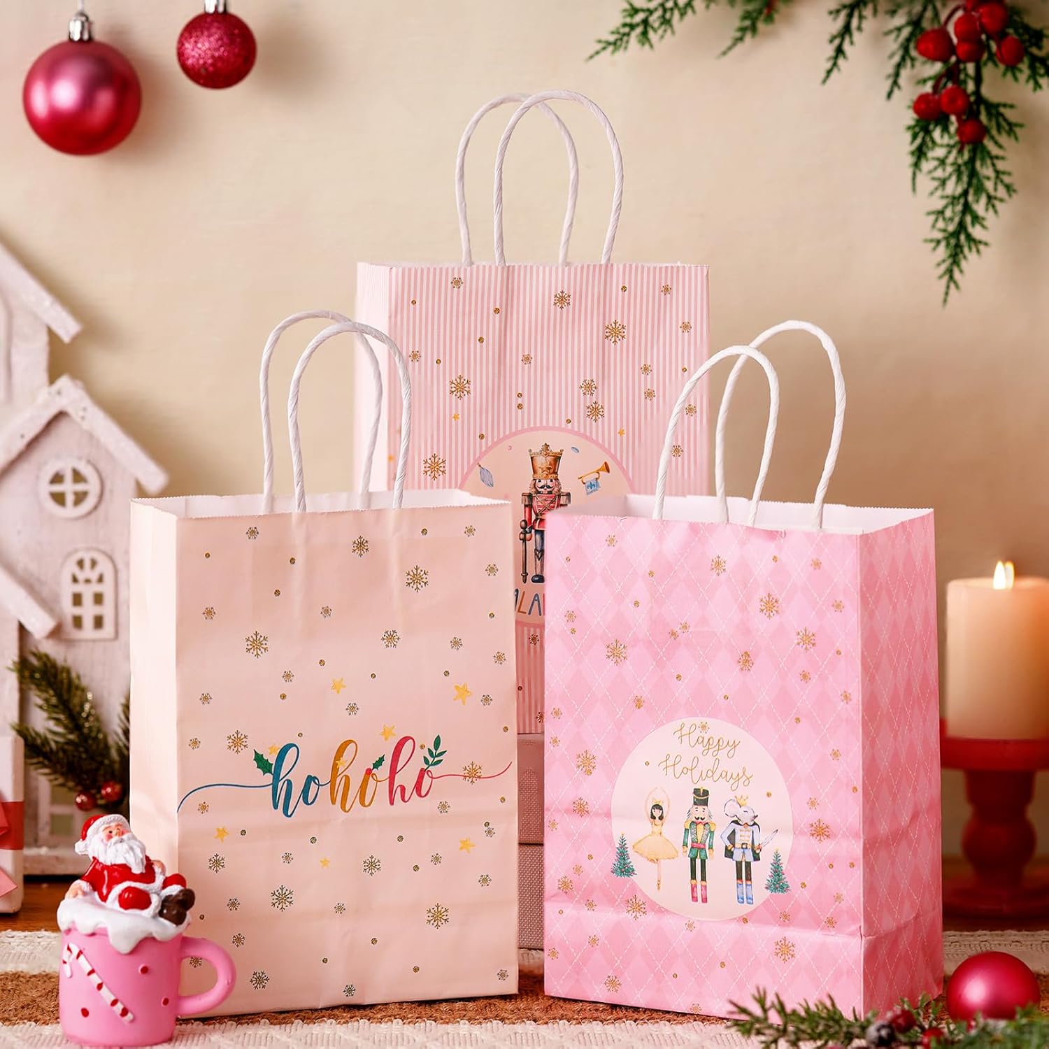 Zhanmai 24 Pcs Pink Christmas Party Favors Gift Goodie Bags with Handles Paper Nutcracker Merry Christmas Tree Candy Treat Bags for Xmas Gifts Wrapping Party Supplies - Image 3