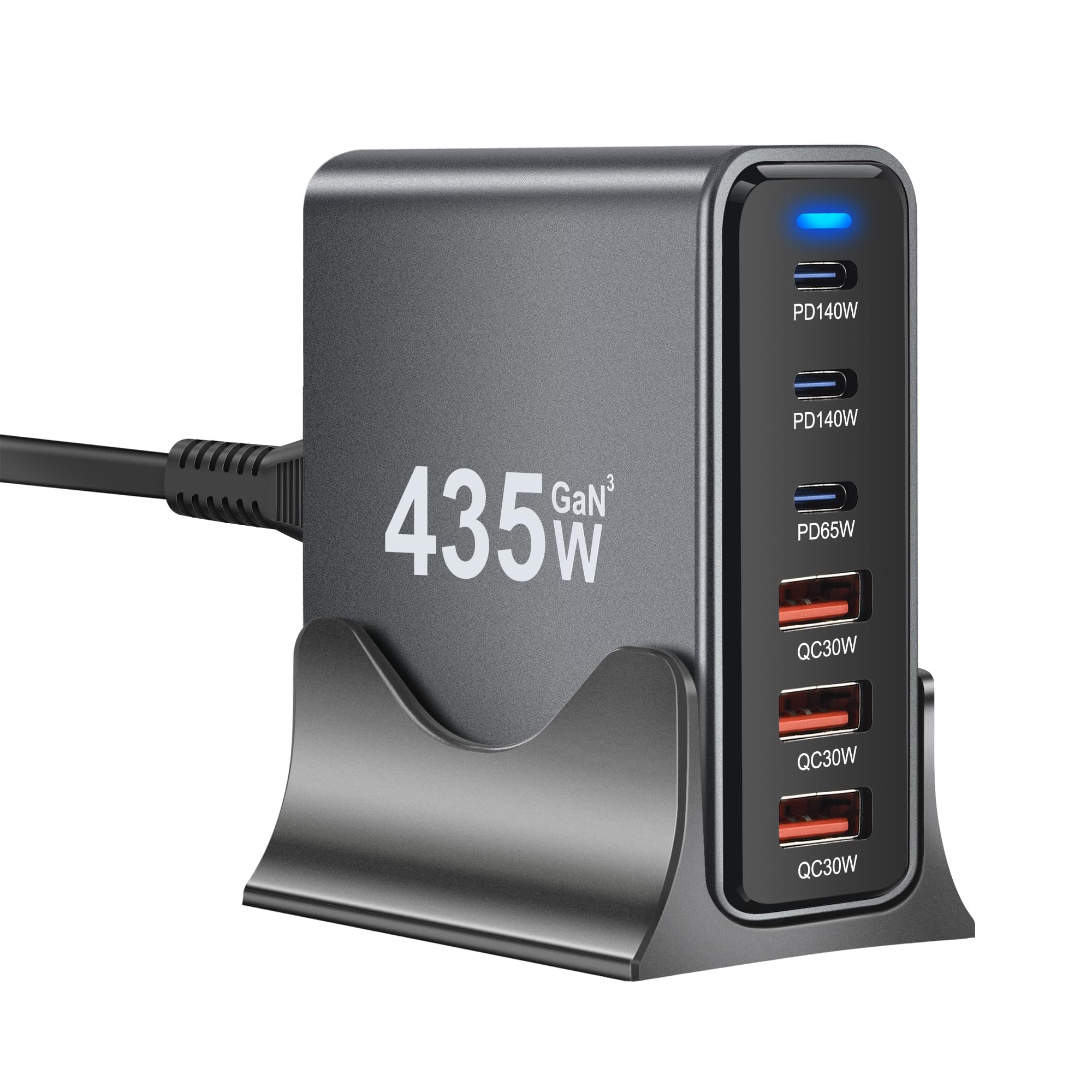 GaN3 Chargeur USB-C 435 W, 2 x 140 W PD3.1 + 65 W PD3.0 + 3 x 30 W QC4+ (3 USB-C + 3 USB-A), pour MacBook Pro 16", pour iPad Pro, pour iPhone 15, pour Samsung Galaxy S24, pour Dell XPS, ordinateurs