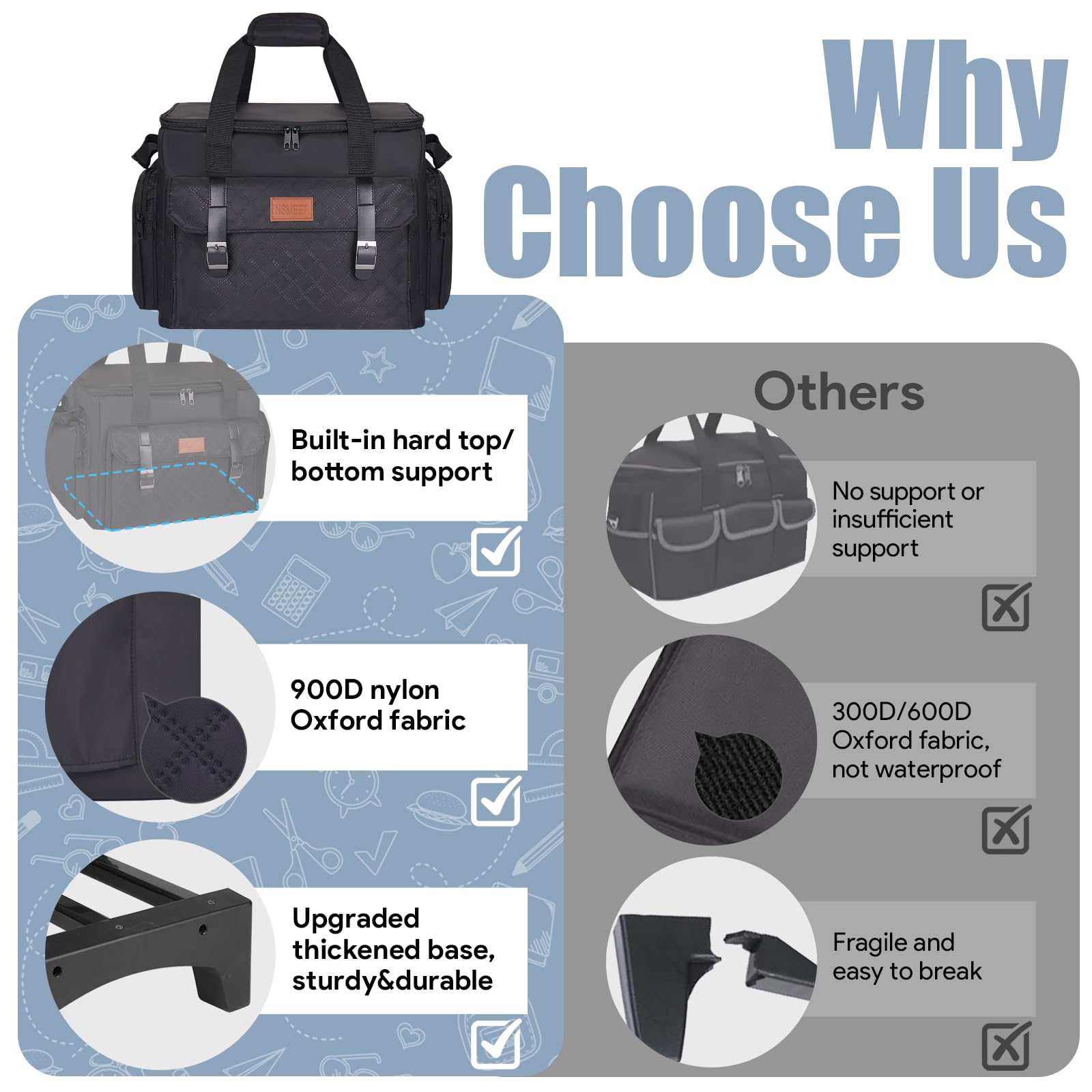 INSMEER Sac à roulettes pour enseignant avec compartiment pour ordinateur portable de 15,6", sac fourre-tout à roulettes pour enseignants avec sac à déjeuner supplémentaire, sac à roulettes 3 en 1