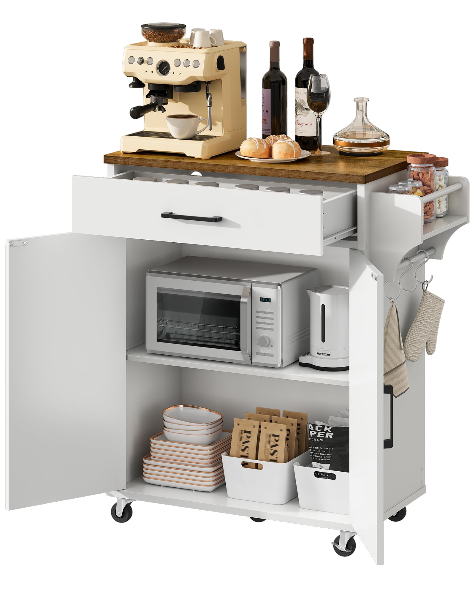 CHOEZON Küchenwagen mit Arbeitsplatte, Küchenschrank mit Rollen, bewegliche Kücheninsel, Servierwagen mit Schublade und Handtuchhalter, Rollwagen für Küche, Esszimmer, Weiß und Walnuss DMZD05WL