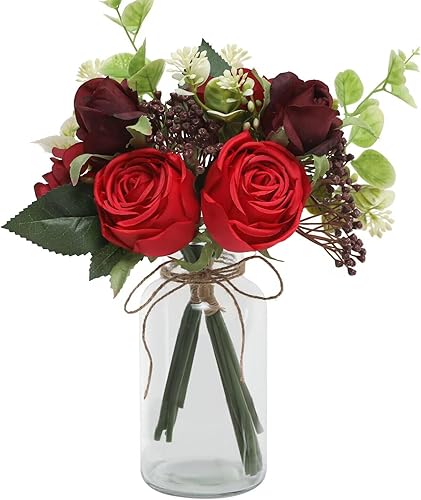 Tifuly Flores falsas en jarrón, flores artificiales realistas con florero, arreglo de rosas de seda, flores sintéticas en jarrón para el hogar,