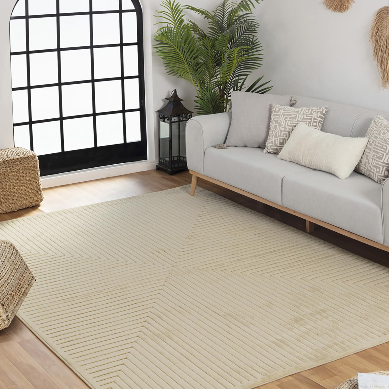 Livabliss Lenox Geometric Rug, Scandi Area Rugs Living Room 200x275 cm, Dining, Kitchen, Neutral, Abstract Patterned Rugs, Boho Style, Easy Care Pile, Large Rug, Sesame