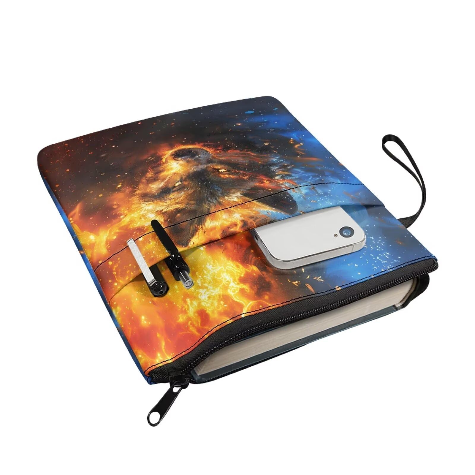 Wanyint Book Protector with Zipper Multifunctional Book Sleeve Washable Fabric Book Pouch 11.4’’ x 8.7’’ Book Covers for Paperbacks Wolf Flame Blue - Image 2