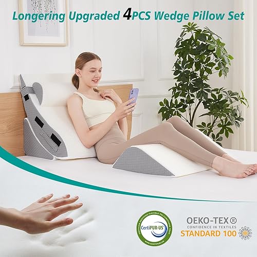 Miniatura 2 de Juego de 4 almohadas ortopédicas de cuña para dormir, almohada triangular ajustable para soporte de piernas y cuello con funda lavable, almohada de