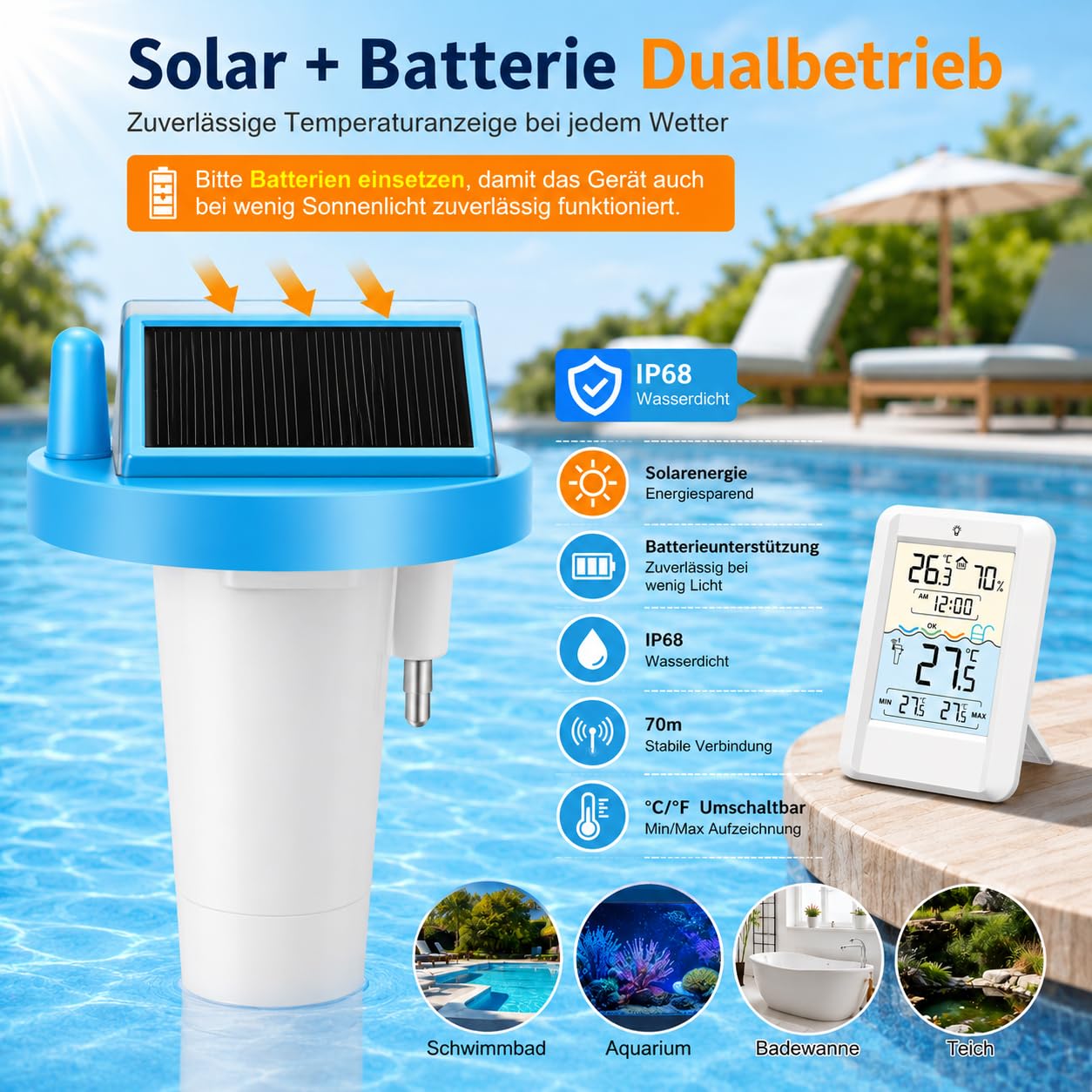 TEOV Funk Pool Thermometer mit LCD-Anzeige, IP68 Wasserdicht Digitales Poolthermometer, 70m Übertragungsreichweite, für Schwimmbäder Aquarium Badewannen Teich