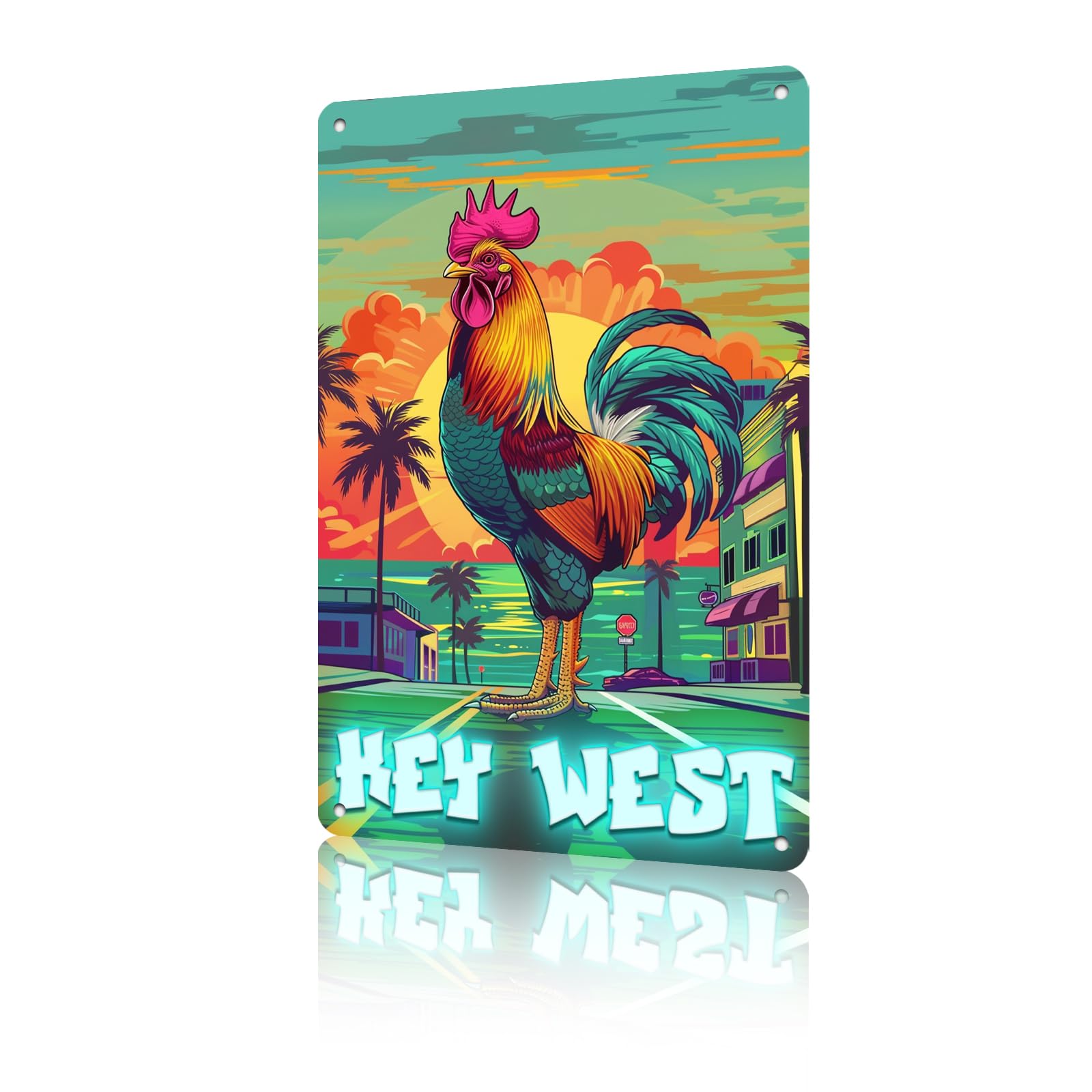 Anceky Chicken Key West Tin Sign Vintage Metal Sign Wall Decor for Garage Home Yard Fence Office Bedroom 12×8 Inch