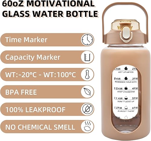 Miniatura 2 de Botella de agua de vidrio de 60 onzas con marcador de tiempo, botellas de agua motivacionales grandes de 57.5 fl oz con asa y funda de silicona,