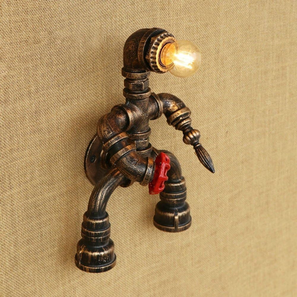 Welampa Antique Metal Industrial Retro Guarding Robots Wall Lamp Wall Spotlights Iron Art Vintage Water Pipe Wall Light Wall Sconce American Nostalgia Edison Wall Lantern For Restaurant Wine Cellar Ba