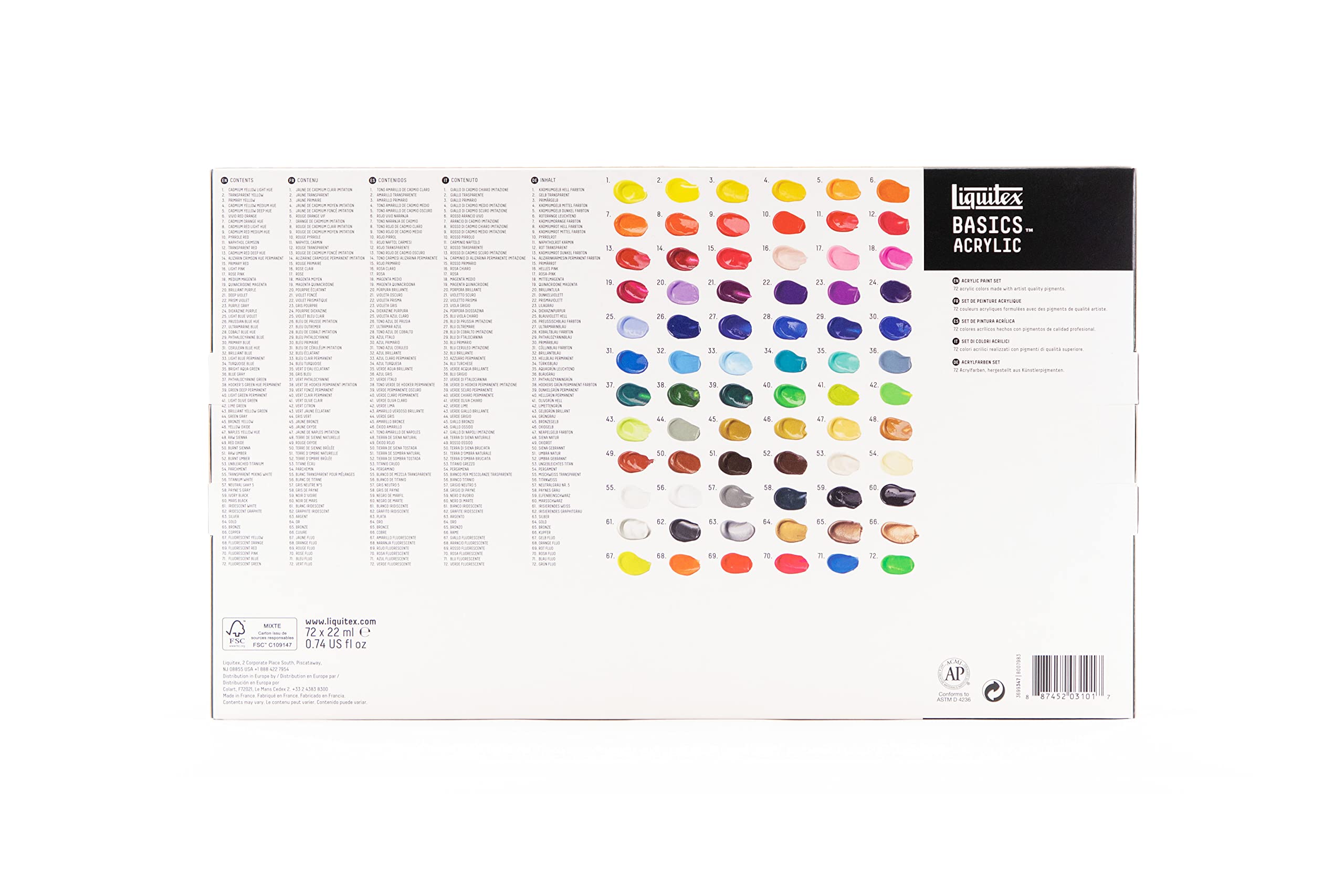 Liquitex 3699347 Basics Studio Pintura acrílica, 72 colores en tubos de 22 ml de pigmentos de alta calidad y resistentes, colores muy opacos, excelente resistencia a la luz, resistente al agua