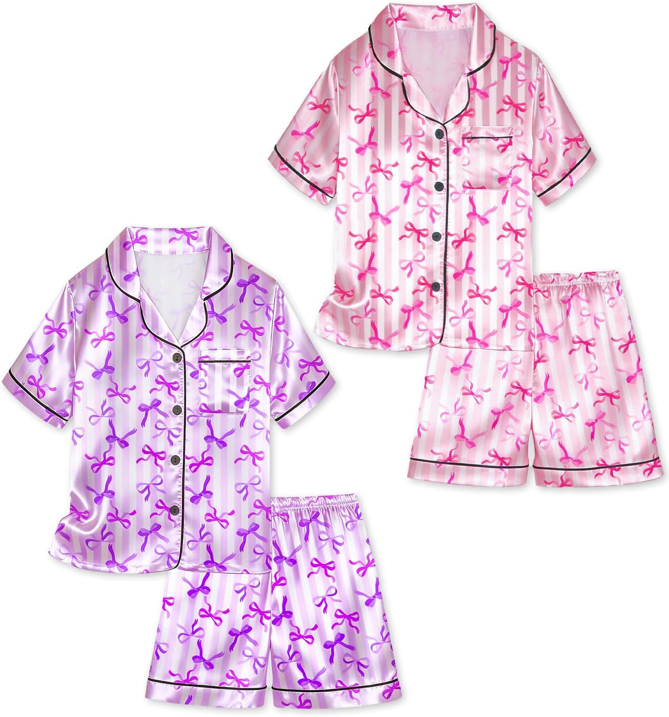 Satin Pajamas for Girls, 4-Piece Short Sleeve Button Down Silky PJ Set