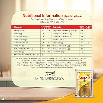 Saffola Gold Refined Oil|Blend of Rice Bran oil & Corn oil|Cooking oil|Pro Healthy Lifestyle Edible Oil 1 Litre Pouch