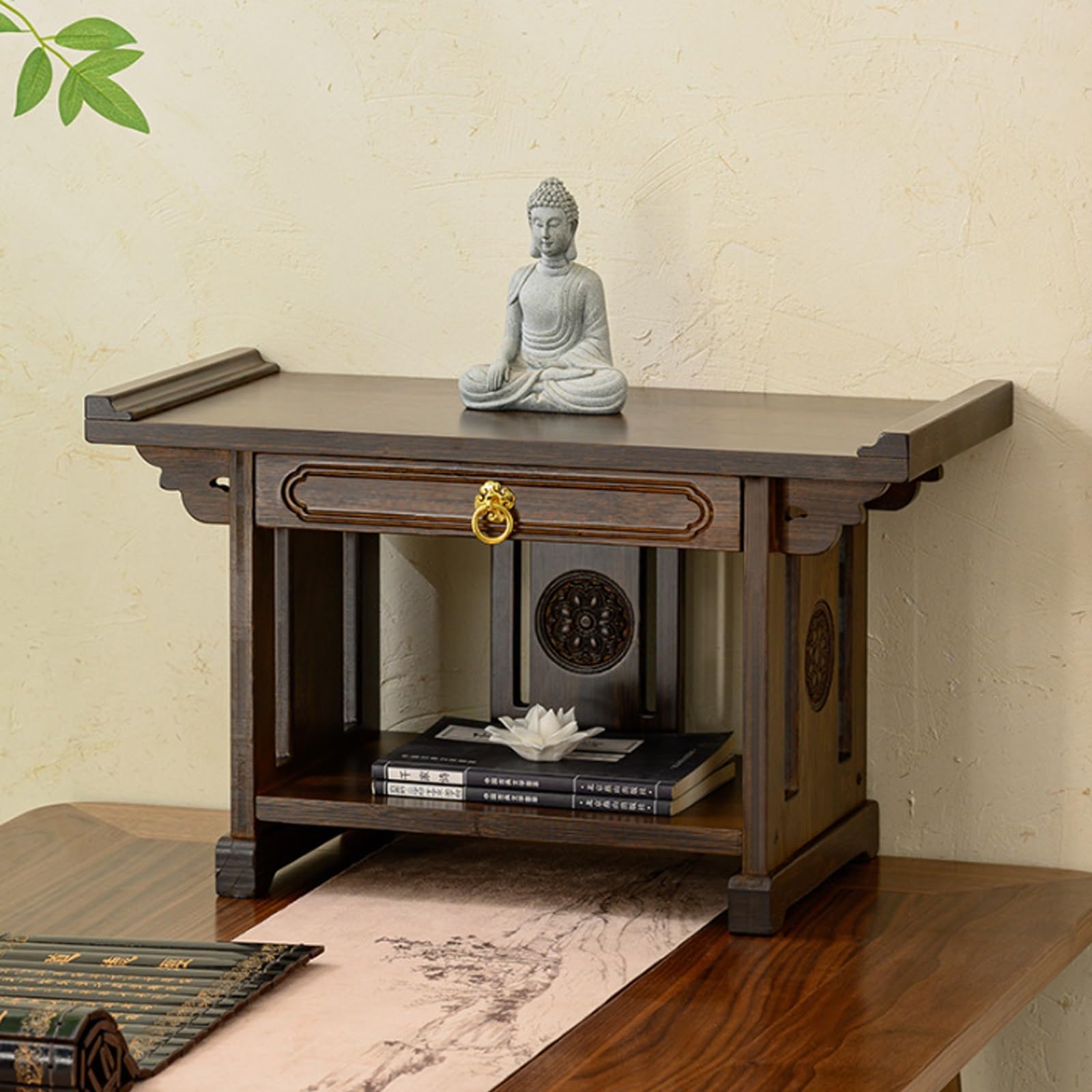 Estante de santuario budista de bambú de 40cm con cajón y doble nivel zen