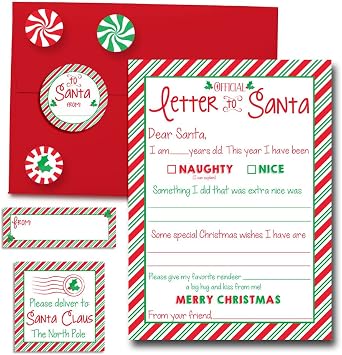 Amanda Creation Letter to Santa Kit, Single Premium 5x7 Fill-In Letter to Santa with Envelope, Stickers & Address Labels, Christmas Wish List Card for Kids, Made in USA