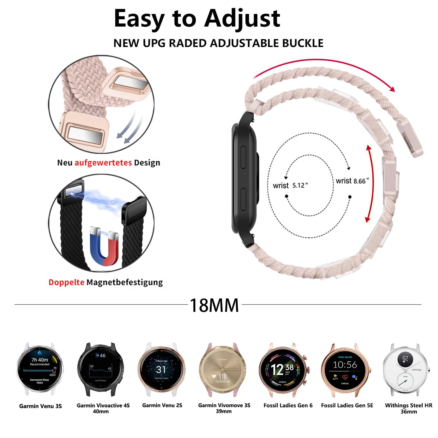 VELULYX Nylon Braided band Compatible with Garmin Venu 2S/Venu 3S/Vivomove 3S/Vivoactive 4S, 18MM Elastic Magnetic Buckle Band for Fossil Ladies Gen 6/Gen 5E/Fossil Ladies Q Venture HR Gen 4/Gen 3 - Image 3