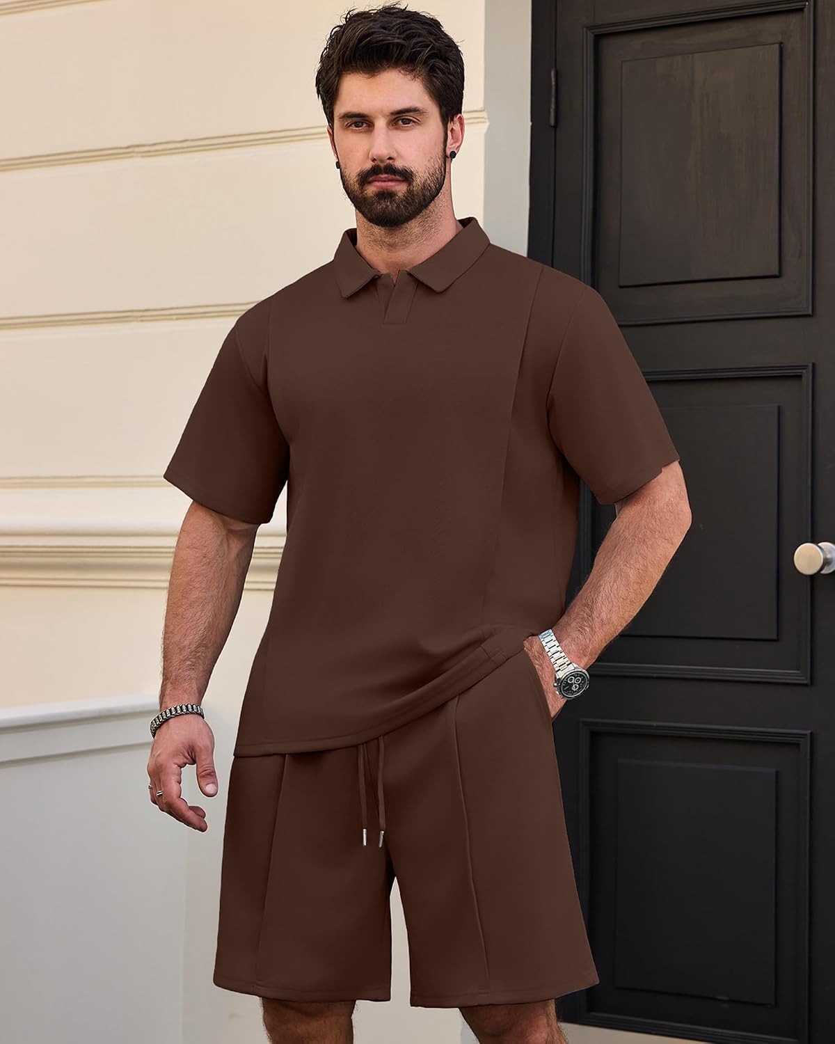 YTD Men's 2 Piece Outfits Casual Short Sleeve Polo Shirts and Shorts Sets Loose Fit Summer Athletic Track Suits