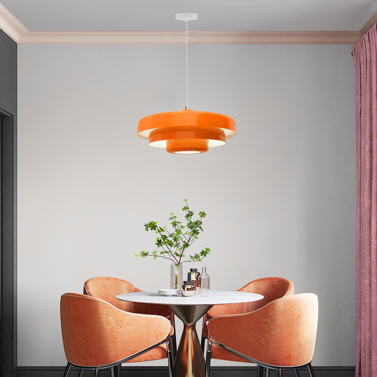 13.7inch Vintage Orange Ceiling Hanging Modern Pendant Light with 3-Layer Metal Shade,Height Adjustable, Lamp Light Fixtures for Dining Table Kitchen Island Hallway