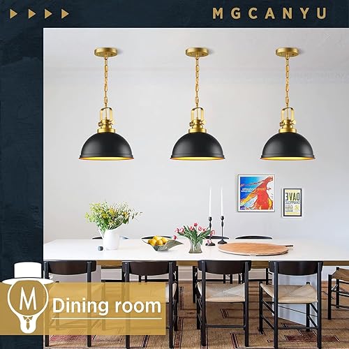 Miniatura 6 de Paquete de 2 lámparas colgantes de oro negro, luces colgantes de metal de granja, moderna cúpula negra mate, lámpara industrial para cocina, isla,