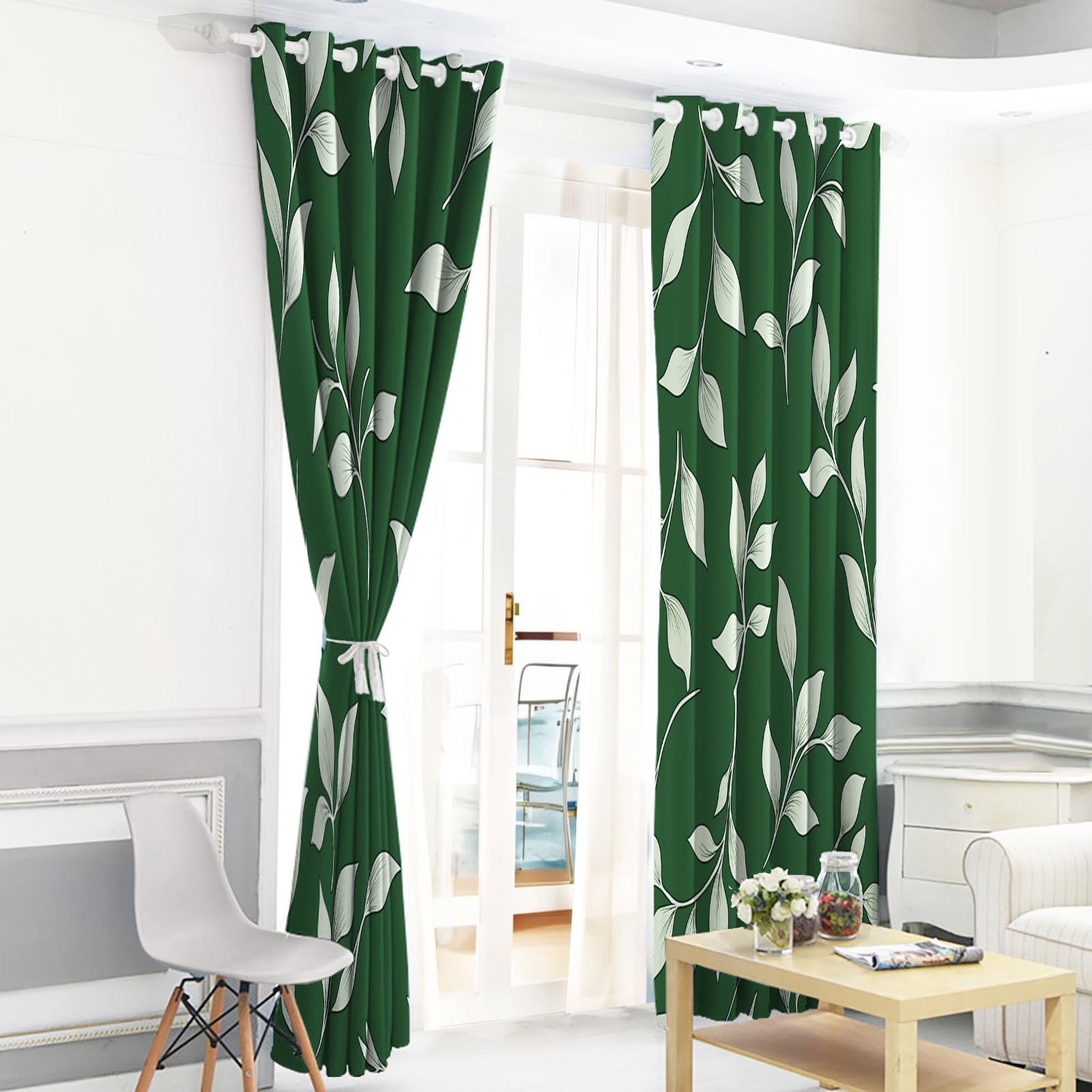 Cortinas Opacas con Estampado Plantas De Línea Dormitorio, 140×160 CM, con Estampado de Hojas Simples CaíDas con Ojales, Aislamiento TéRmico Verde, ReduccióN De Ruido, Juego De 2