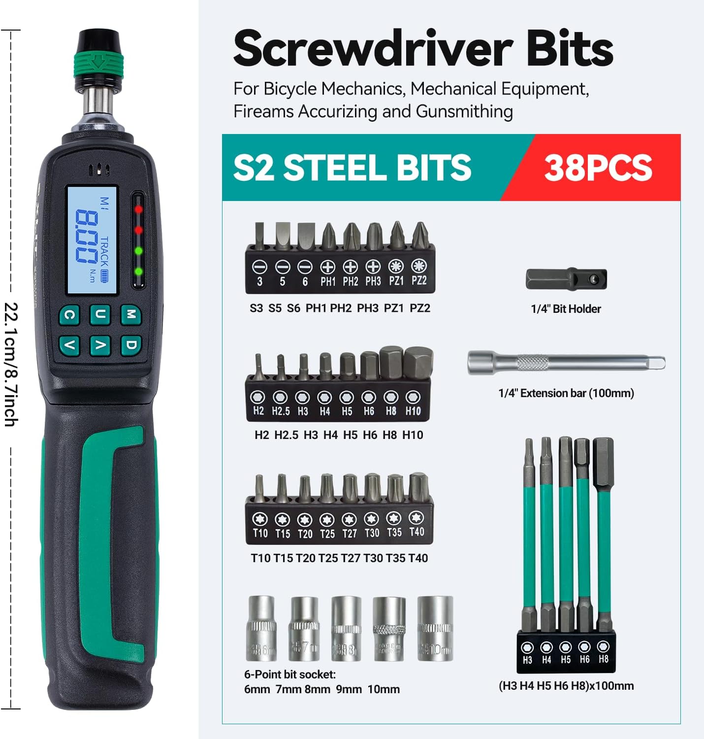 38-Piece Digital Torque Screwdriver Set (0.3-8 Nm) - 1/4" Quick-Release Hex Head, Buzzer/LED Overload Alerts - Screwdriver Kit for Bicycle Mechanic & Home Repair