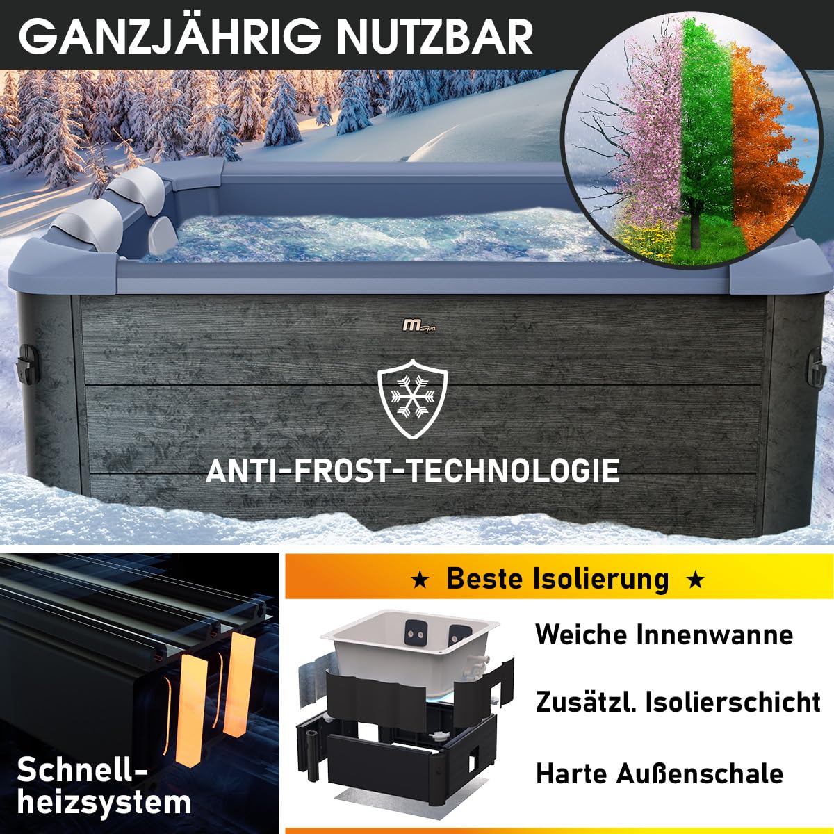 BRAST Whirlpool MSpa Oslo Sapphire | 160x160x65cm | 6 Personen | Feste Außenwand, LED-Beleuchtung mit 20 einstellbaren Farben, 120 Massagedüsen, Winterfest ganzjähriger Einsatz, In & Outdoor