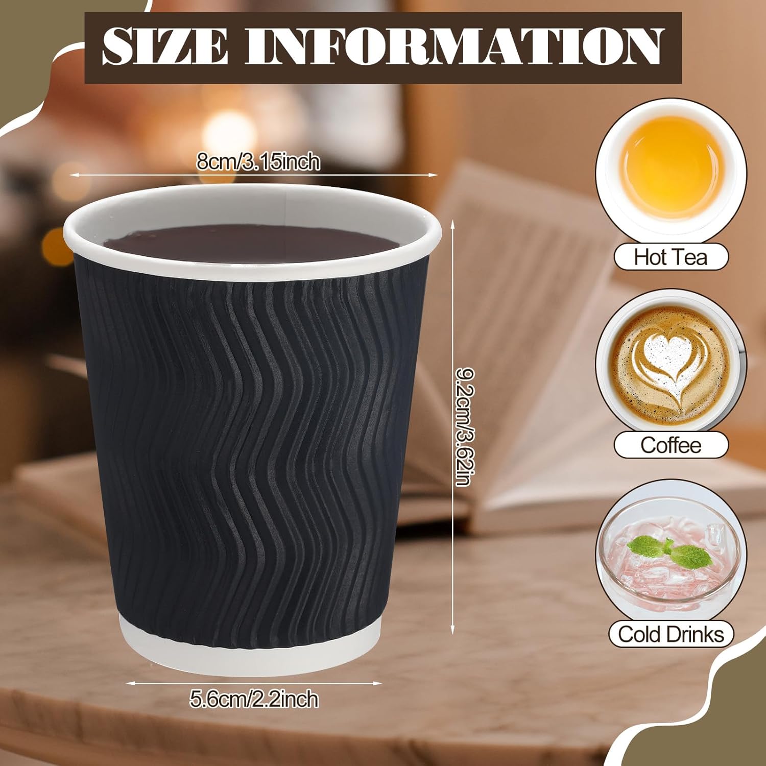 200 Pack 8 oz Disposable Coffee Cups Black Insulated Corrugated Paper Coffee Cups with Ripple Wall Design Suitable for Hot or Cold Drinks Cafe Restaurant Office Home Party Picnic BBQ - Image 3