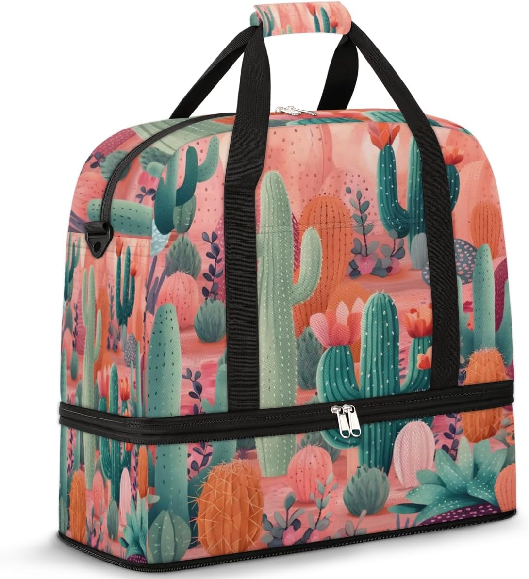 QsirBC Interesting Cactus Gym Bag for Women Duffle Tote with Shoes Compartment Men Weekender Duffel for Dance Travel Sports Swimming Overnight