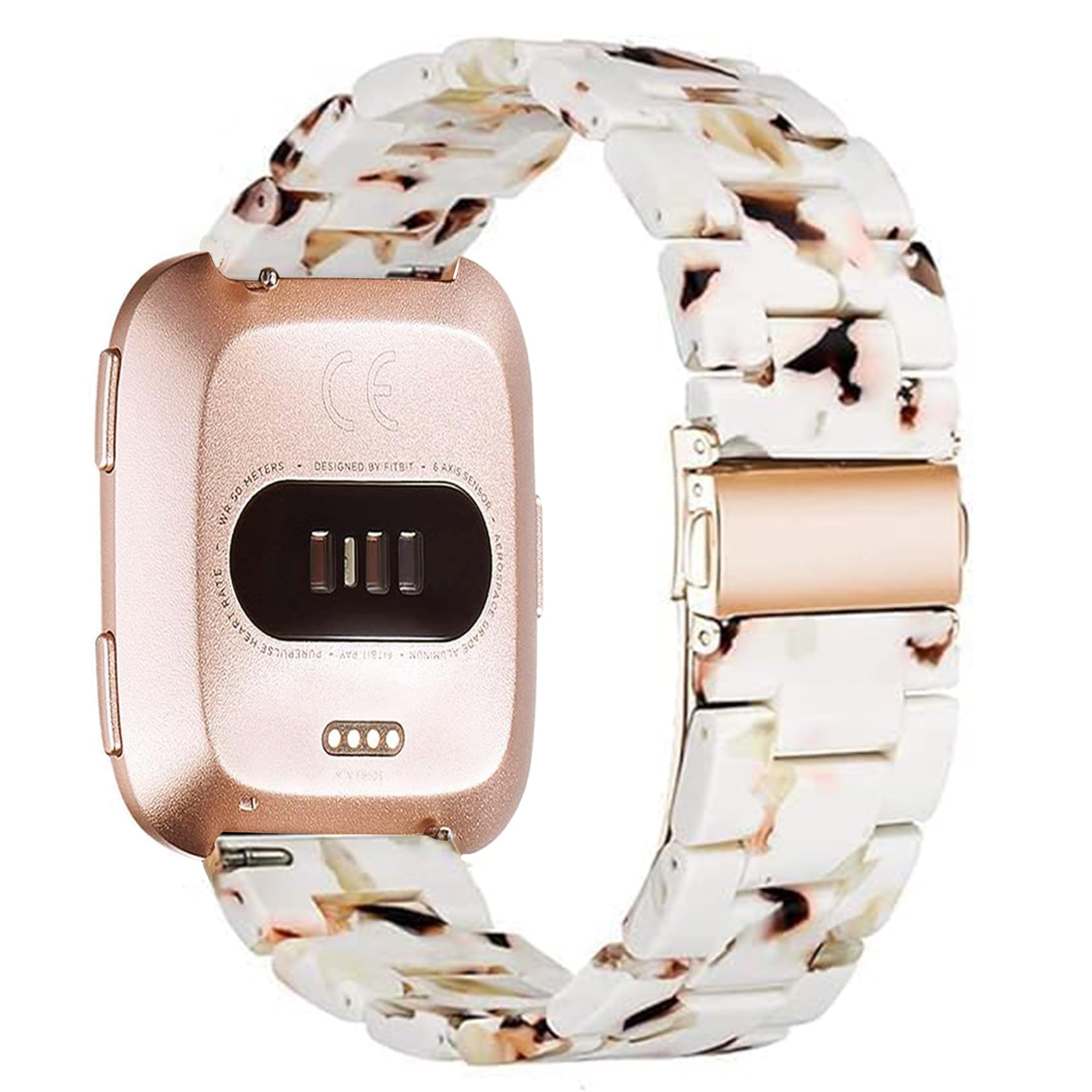 Ayeger Band Replacement for Fitbit Versa/Versa 2 Smart Watch/Special/Lite Edition, Fashion Resin Wristbands Women Men Replacement Bracelet Metal Stainless Steel Rose Gold Buckle(Nought White)