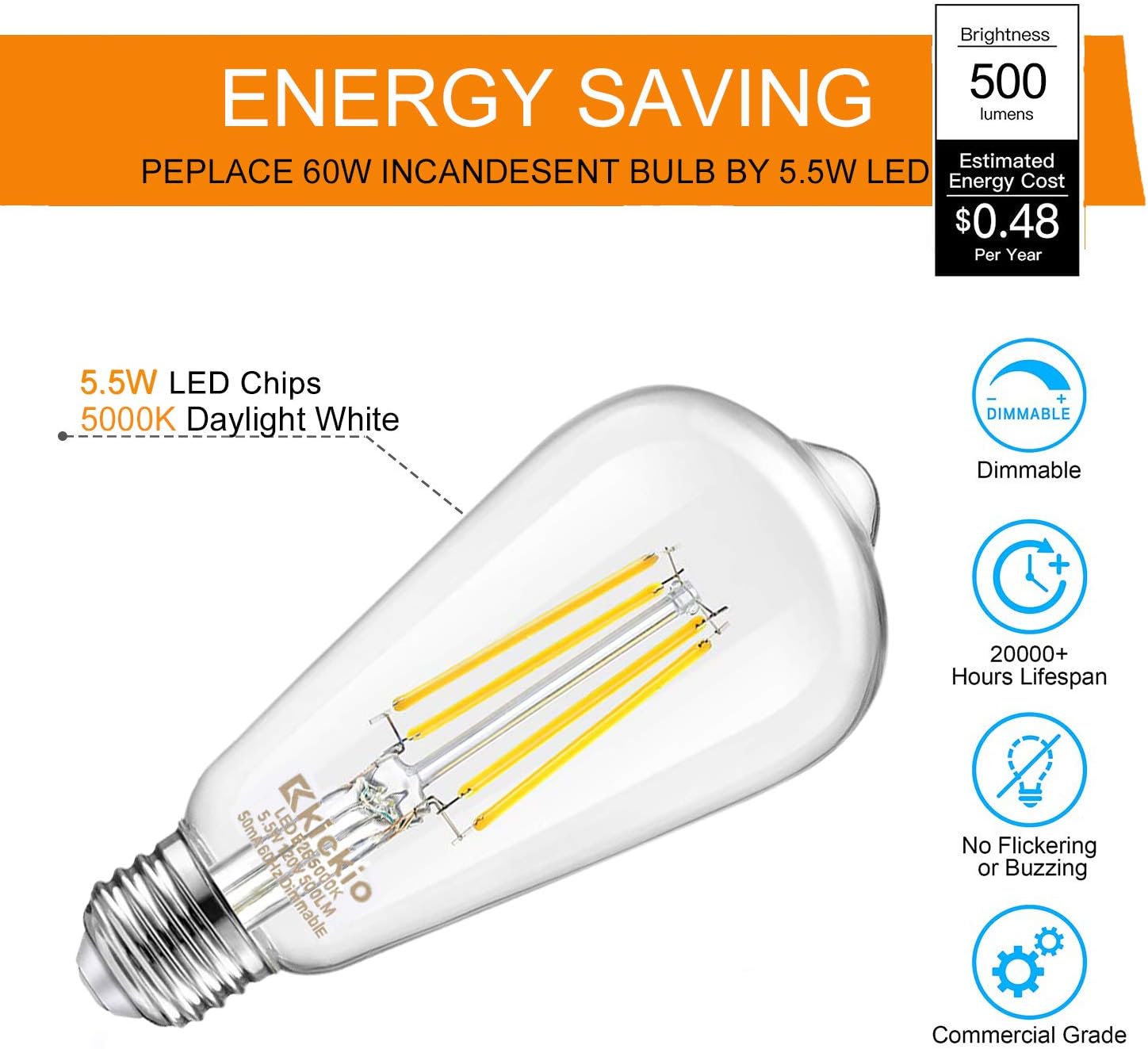 Kicikio Vintage LED Light Bulb, Glass ST21/64 Antique Edison Style, Dimmable 5.5W (60 Watt Equivalent), 500LM 5000k Daylight White, E26 Decorative Filament Bulb, UL Listed, 10 Pack