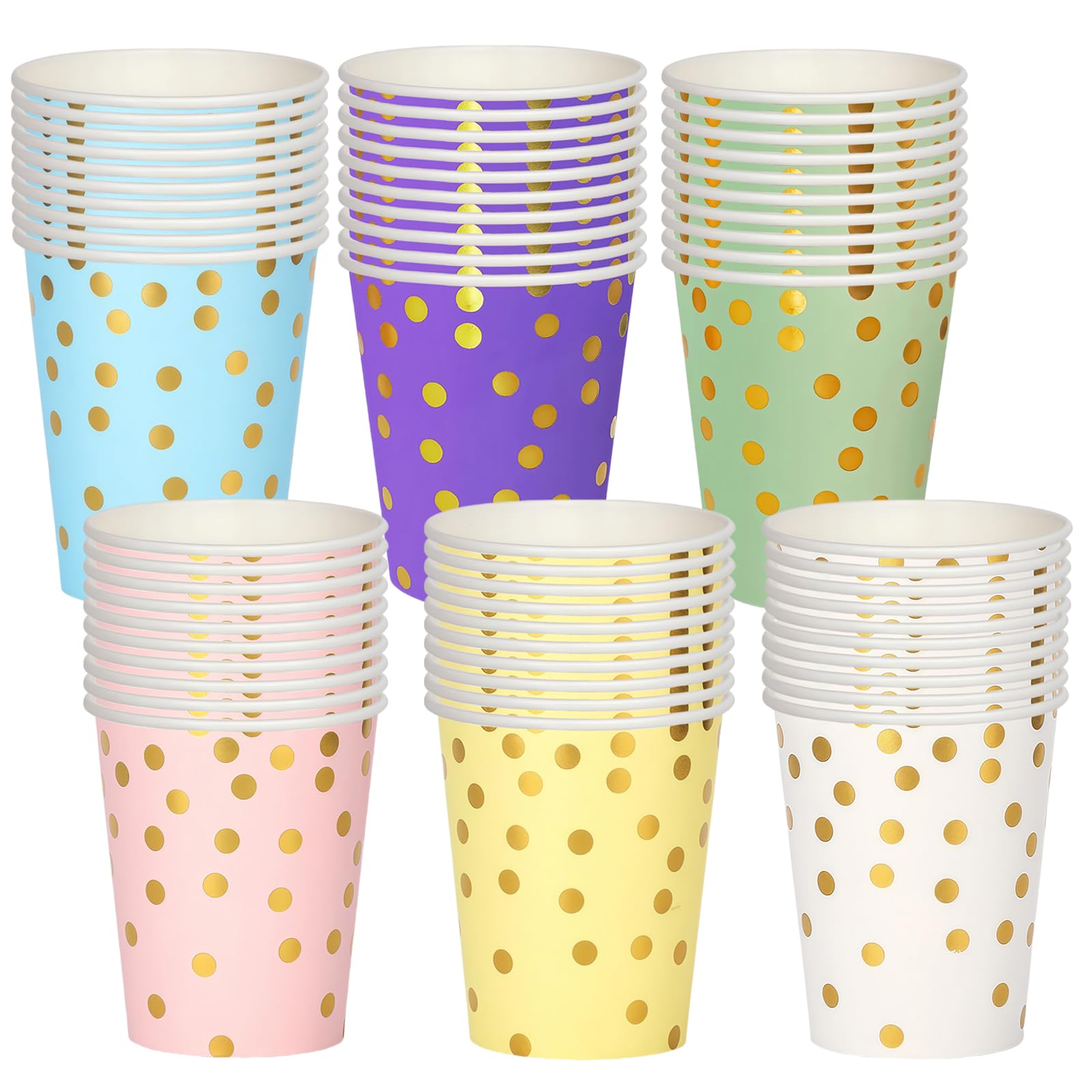 RONGZUBAT 60pcs Disposable Party Paper Cups 9OZ,Golden Dot Multicolor Paper Cups Disposable Party Drinking Coloured for DIY Holiday,Picnic,Weddings,Birthday Party Cup Table Decorations